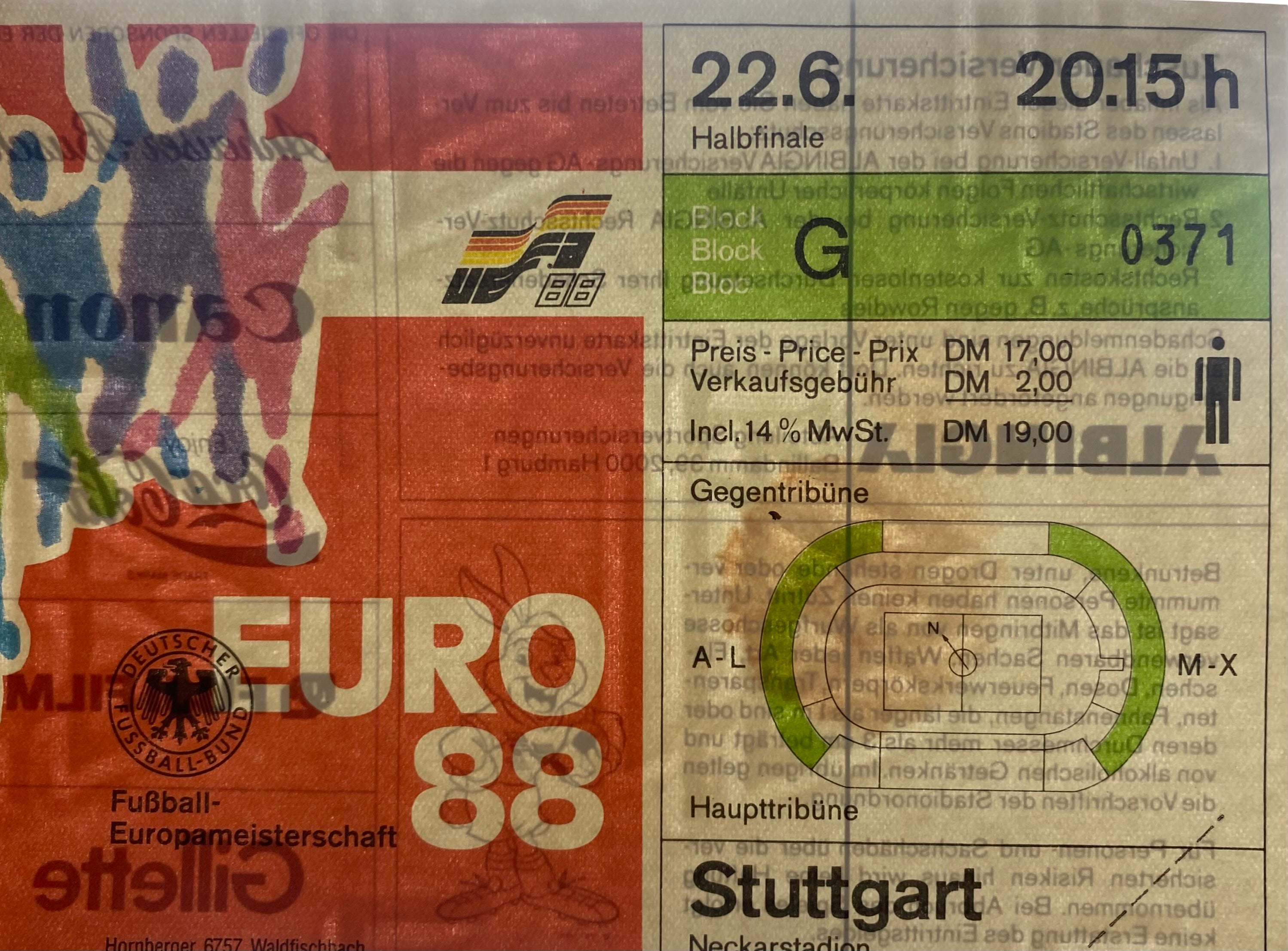 1988 ORIGINAL EURO 88 SEMI FINAL UNUSED TICKET SOVIET UNION V ITALY @ STUTTGART