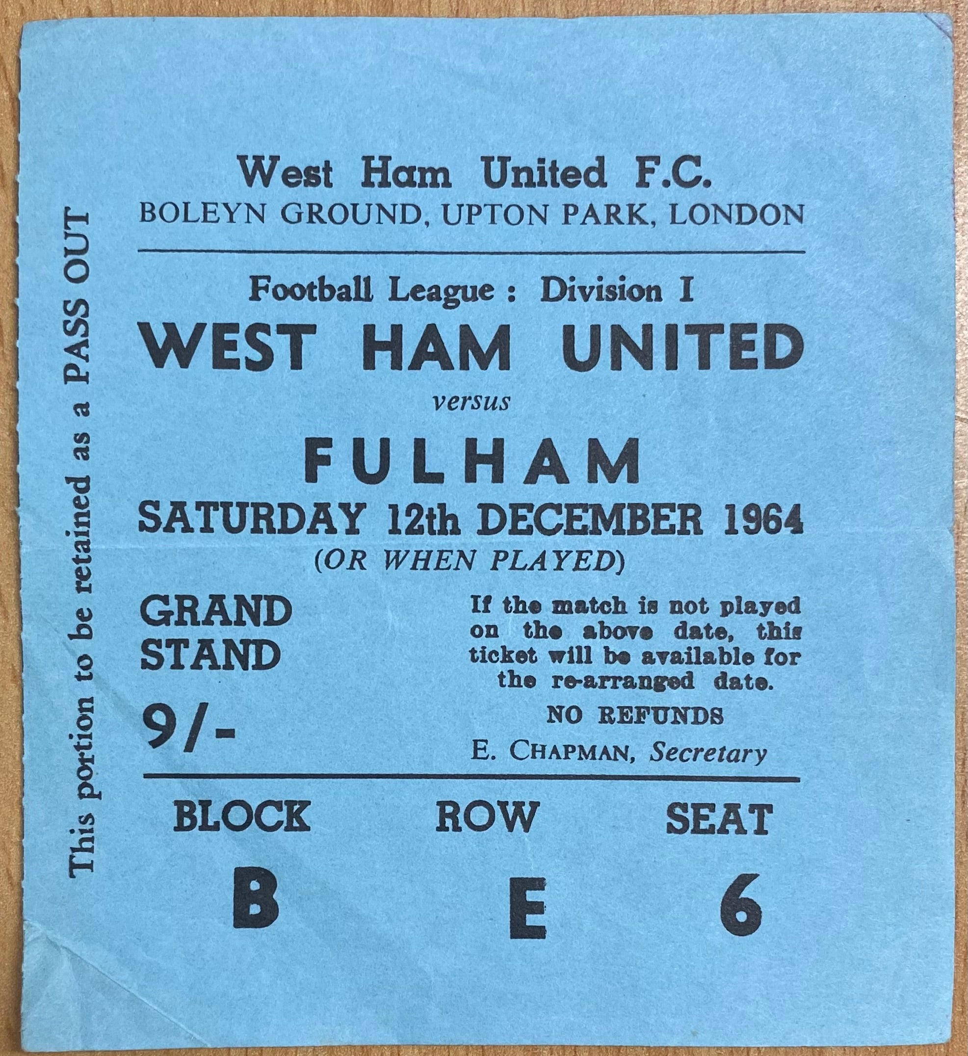 1964/65 ORIGINAL DIVISION ONE TICKET WEST HAM UNITED V FULHAM
