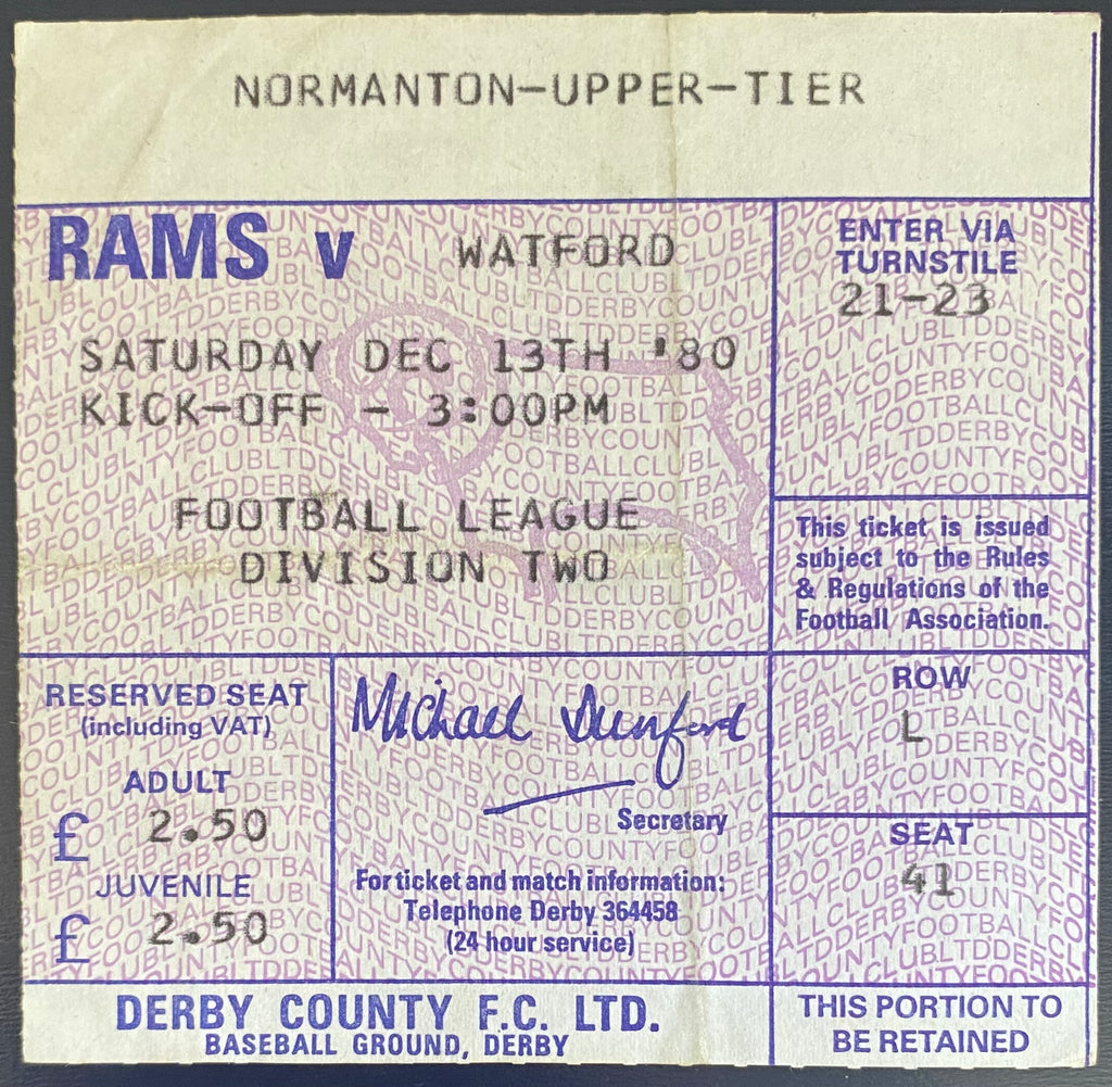 1980/81 ORIGINAL DIVISION 2 TICKET DERBY COUNTY V WATFORD