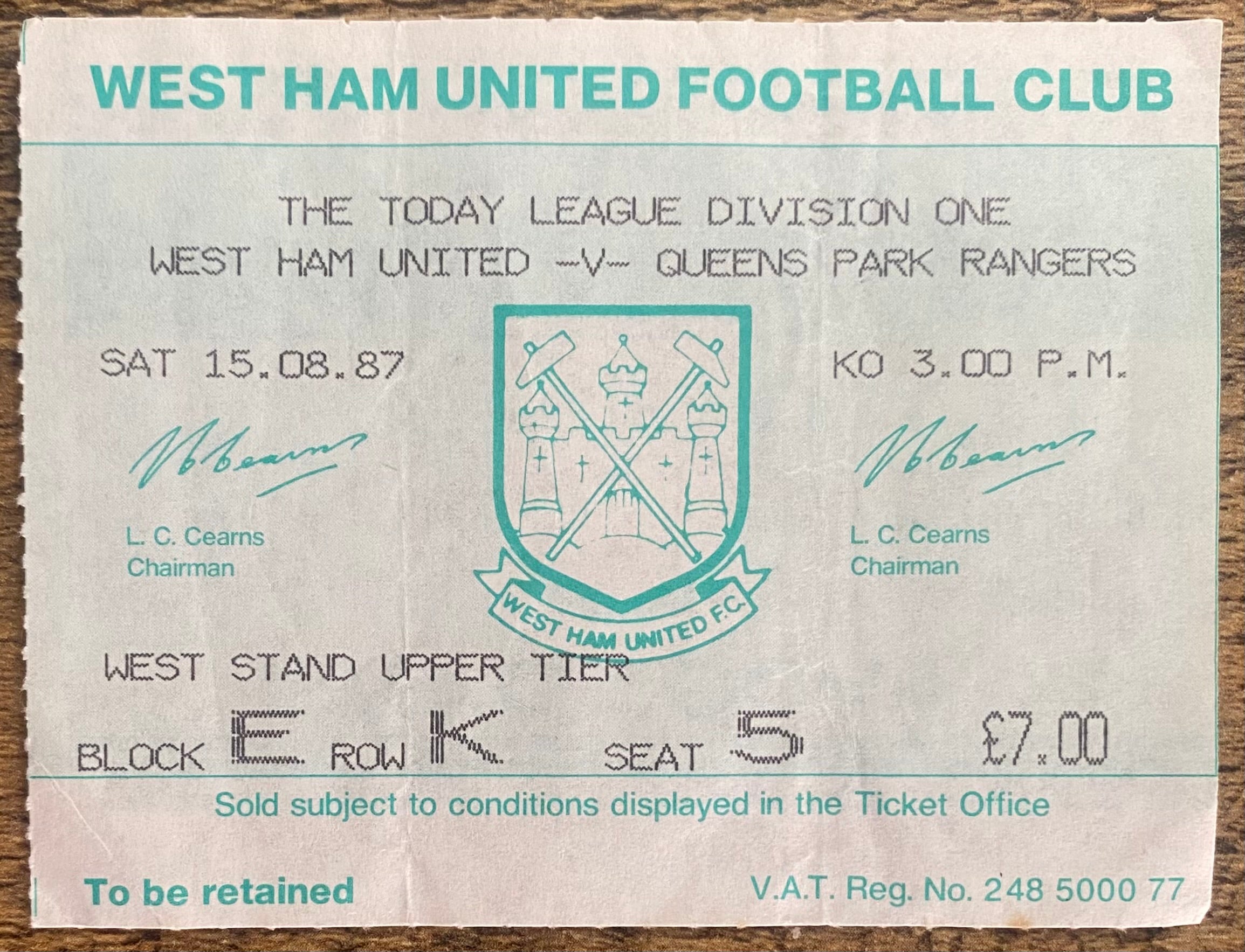 1987/88 ORIGINAL DIVISION ONE TICKET WEST HAM UNITED V QUEENS PARK RANGERS