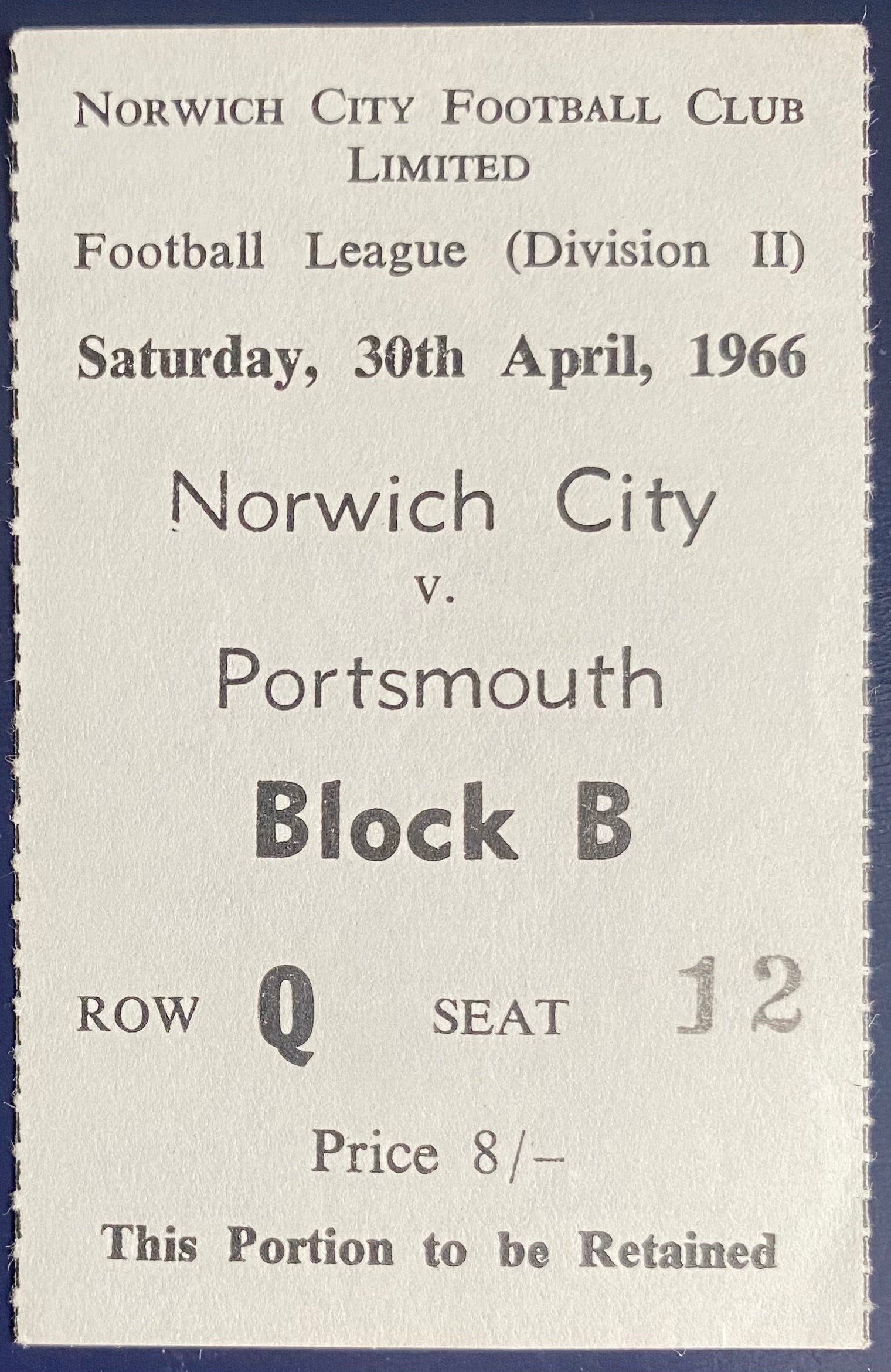 1965/66 ORIGINAL DIVISION 2 TICKET NORWICH CITY V PORTSMOUTH