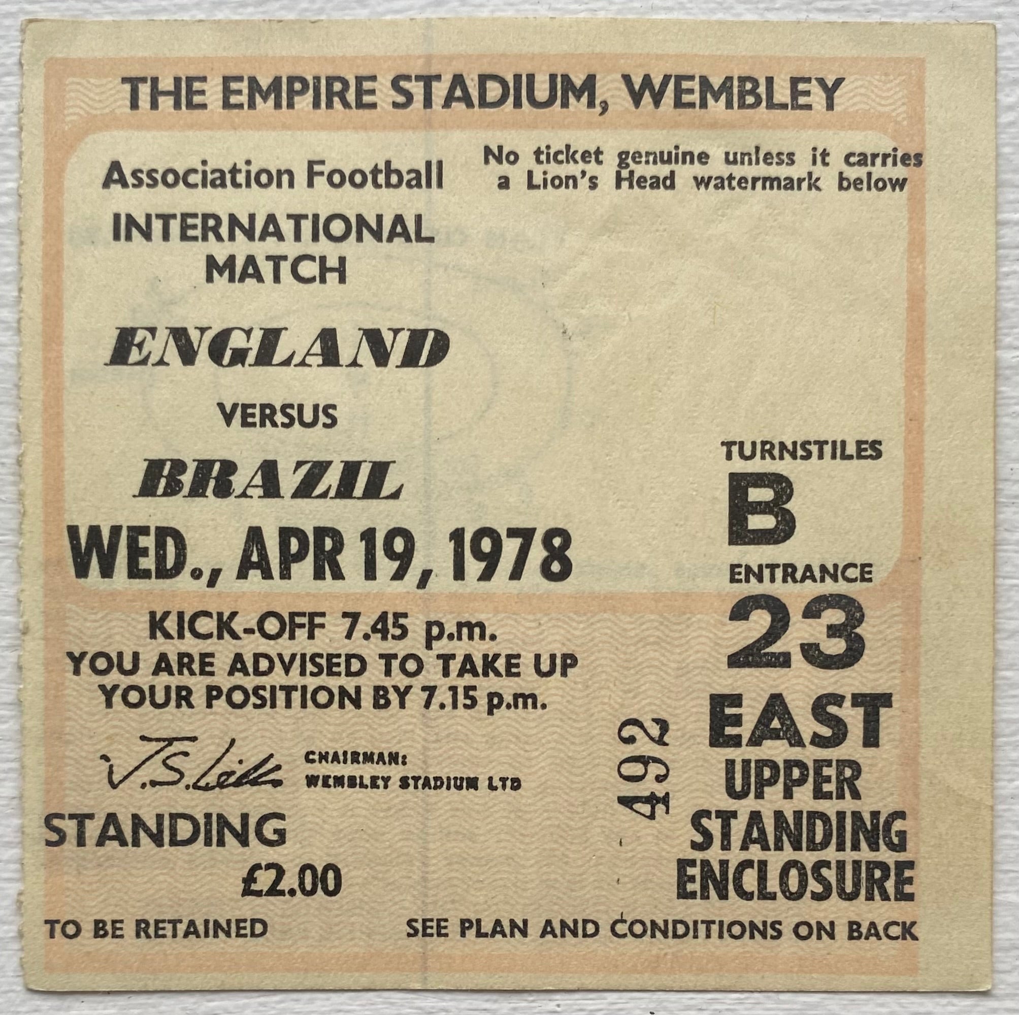 1978 ORIGINAL INTERNATIONAL TICKET ENGLAND V BRAZIL