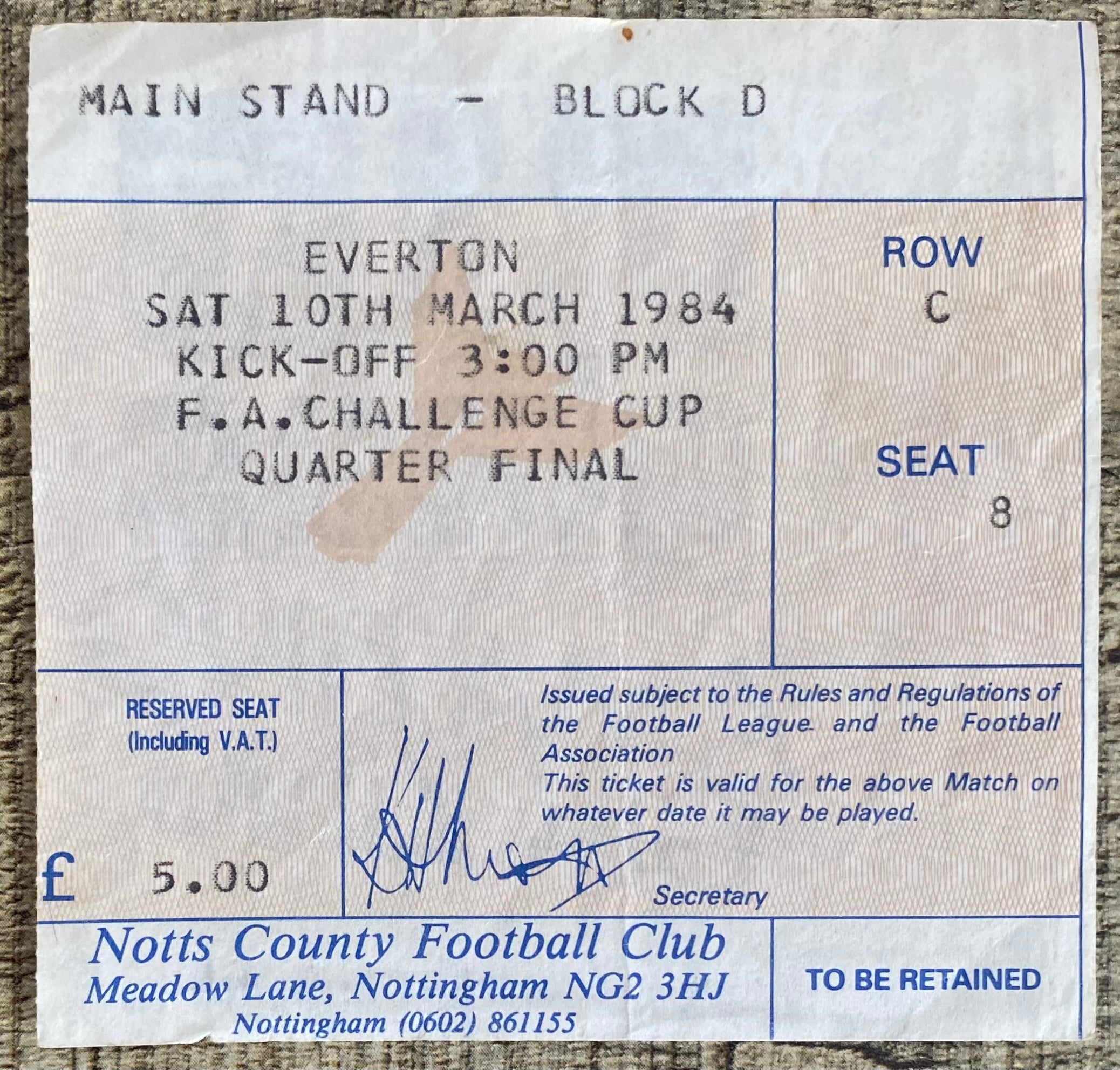 1983/84 ORIGINAL FA CUP 6TH ROUND TICKET NOTTS COUNTY V EVERTON