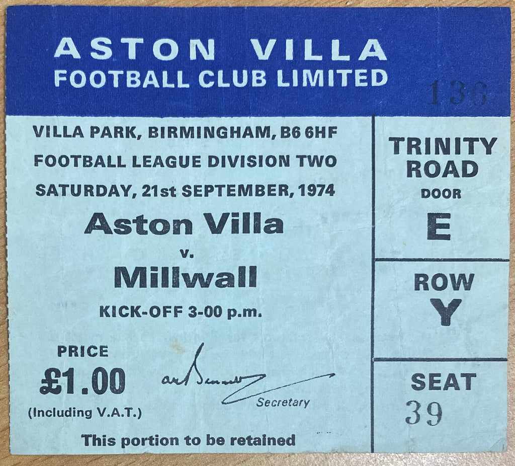 1974/75 ORIGINAL DIVISION 2 TICKET ASTON VILLA V MILLWALL