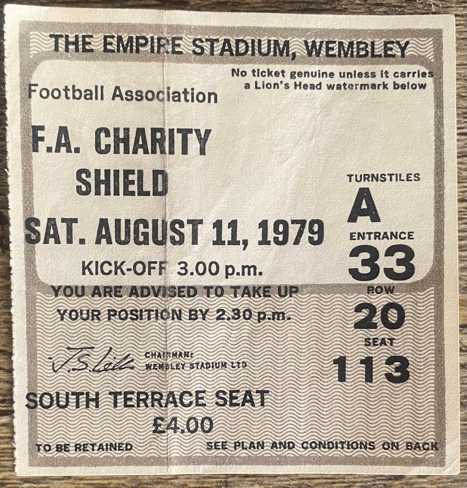 1979 ORIGINAL CHARITY SHIELD TICKET LIVERPOOL V ARSENAL