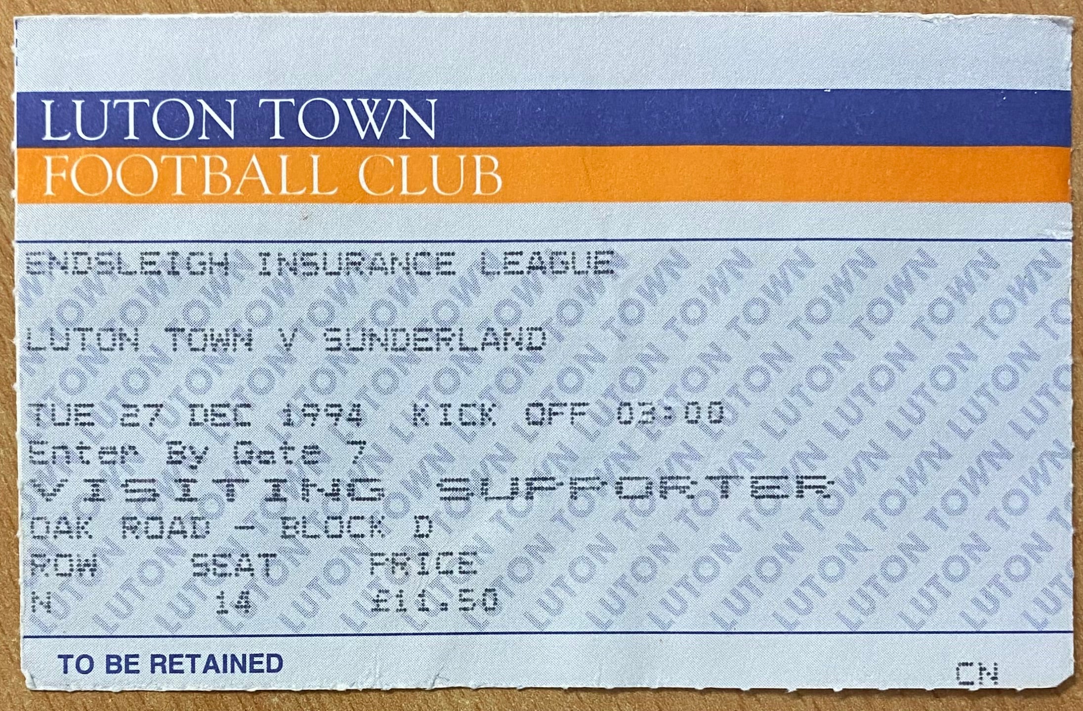 1994/95 ORIGINAL DIVISION 1 TICKET LUTON TOWN V SUNDERLAND