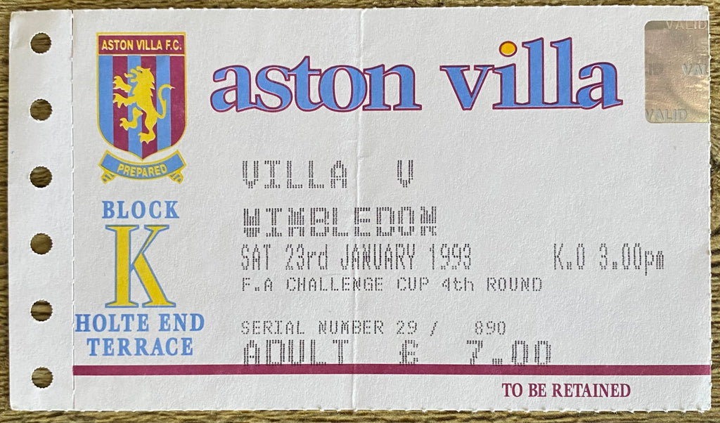 1992/93 ORIGINAL FA CUP 4TH ROUND TICKET ASTON VILLA V WIMBLEDON