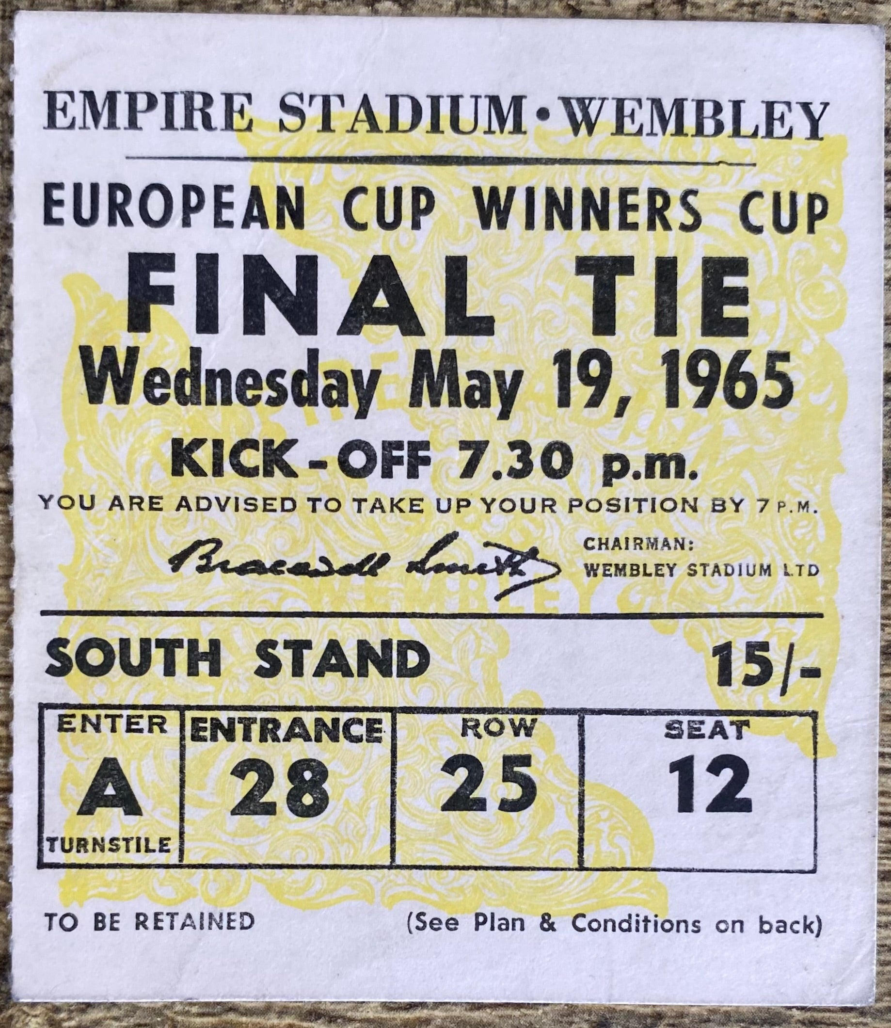 1965 ORIGINAL EUROPEAN CUP WINNERS CUP FINAL TICKET WEST HAM UNITED V TSV MUNICH 1860