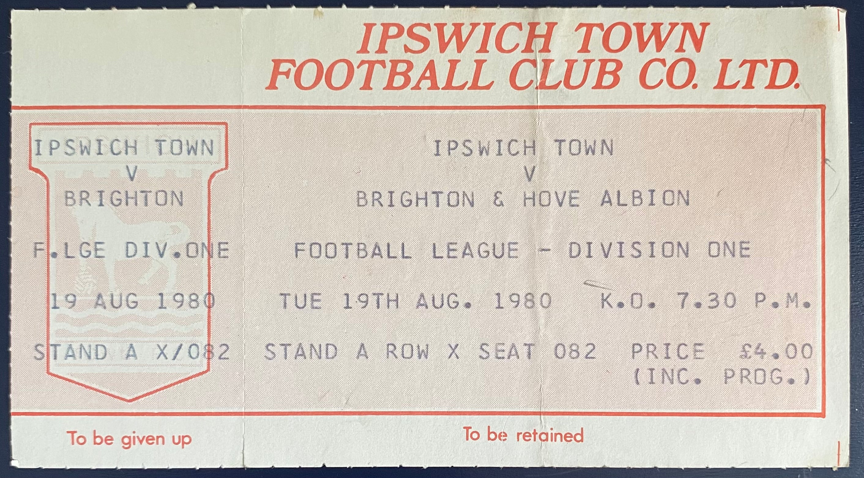1980/81 ORIGINAL DIVISION 1 UNUSED TICKET IPSWICH TOWN V BRIGHTON AND HOVE ALBION