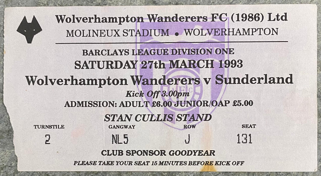 1992/93 ORIGINAL DIVISION 1 TICKET WOLVERHAMPTON WANDERERS V SUNDERLAND