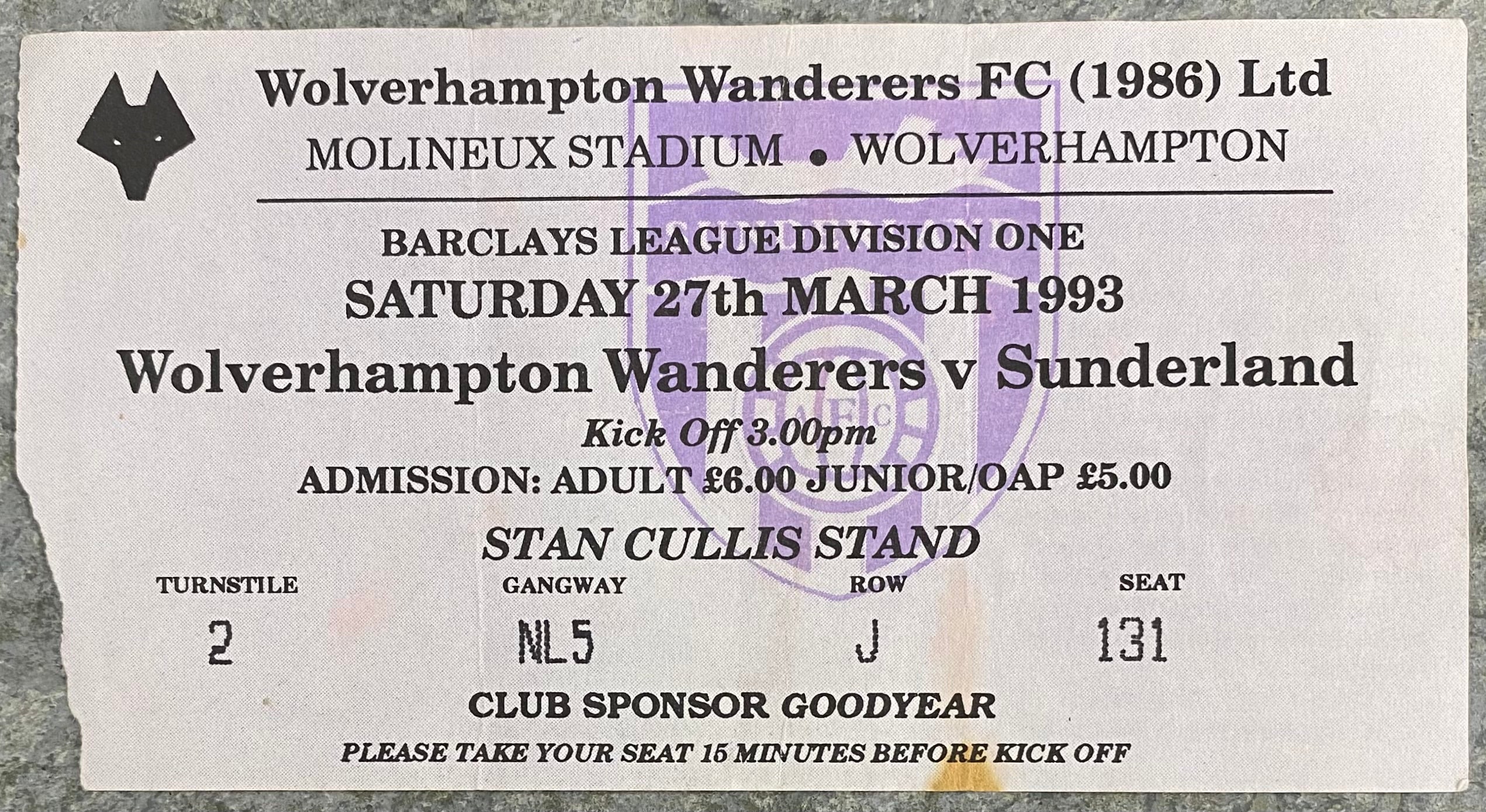 1992/93 ORIGINAL DIVISION 1 TICKET WOLVERHAMPTON WANDERERS V SUNDERLAND