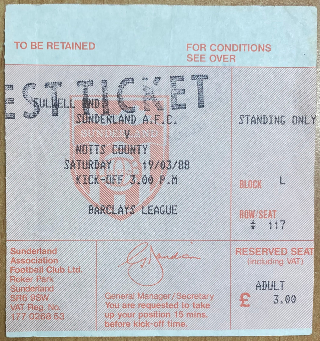1988/89 ORIGINAL DIVISION 3 TICKET SUNDERLAND V NOTTS COUNTY