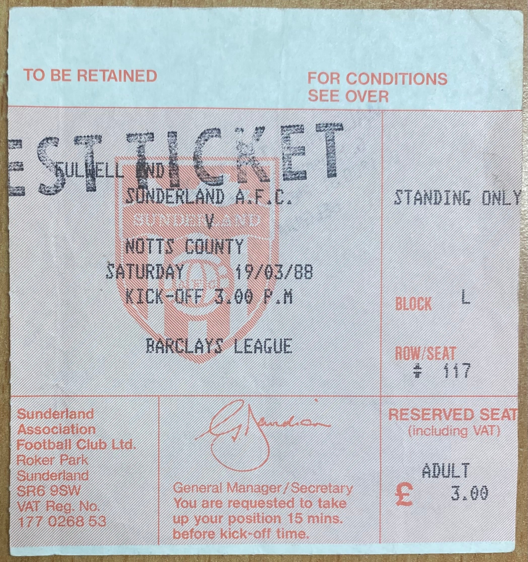 1988/89 ORIGINAL DIVISION 3 TICKET SUNDERLAND V NOTTS COUNTY