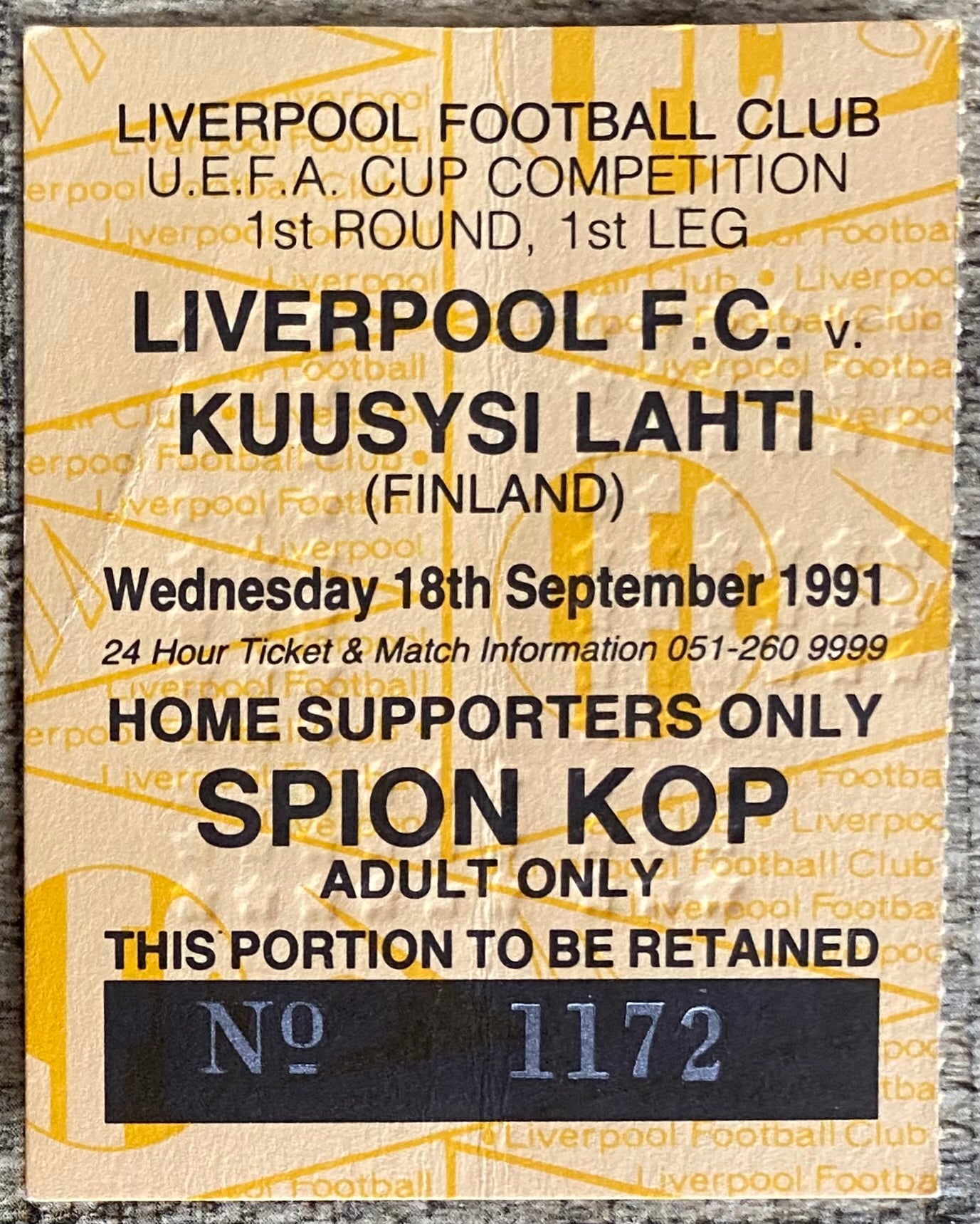 1991/92 ORIGINAL UEFA CUP 1ST ROUND 1ST LEG TICKET LIVERPOOL V KUUSYSI LAHTI