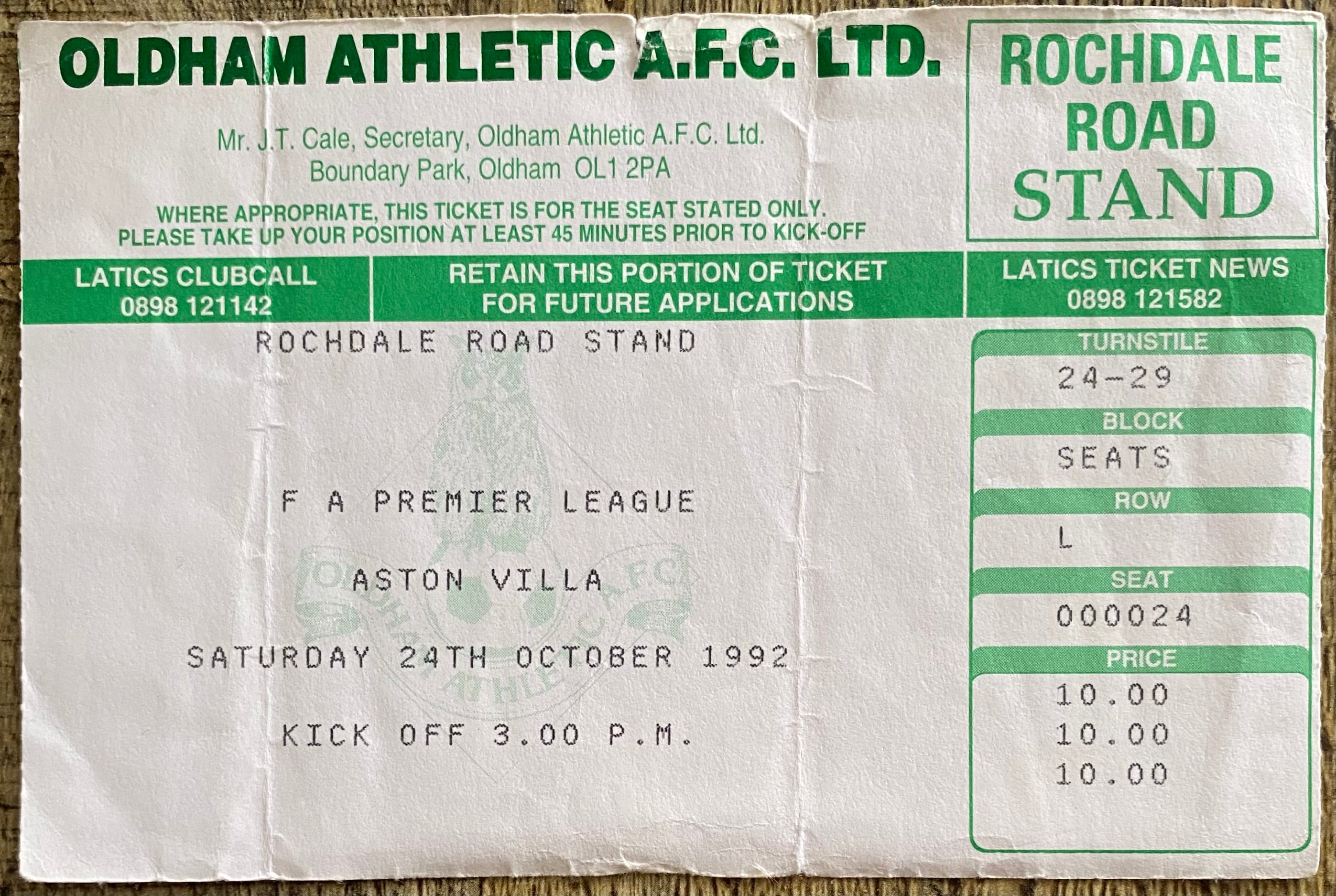 1992/93 ORIGINAL FA PREMIER LEAGUE TICKET OLDHAM ATHLETIC V ASTON VILLA