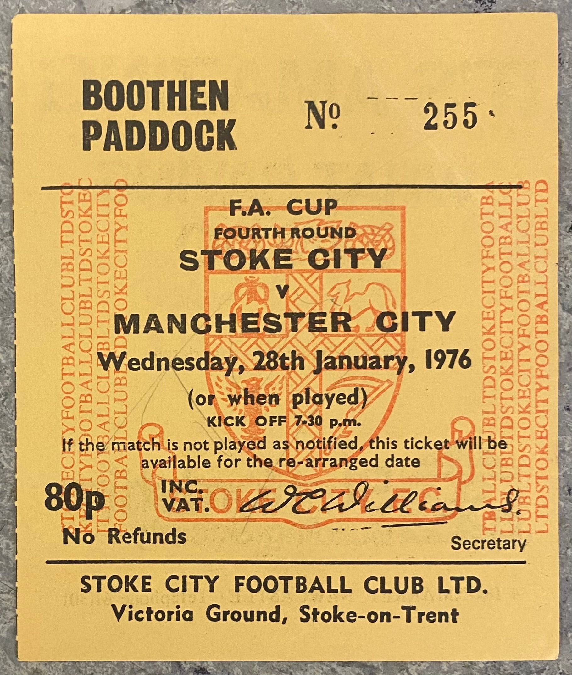 1975/76 ORIGINAL FA CUP 4TH ROUND TICKET STOKE CITY V MANCHESTER CITY