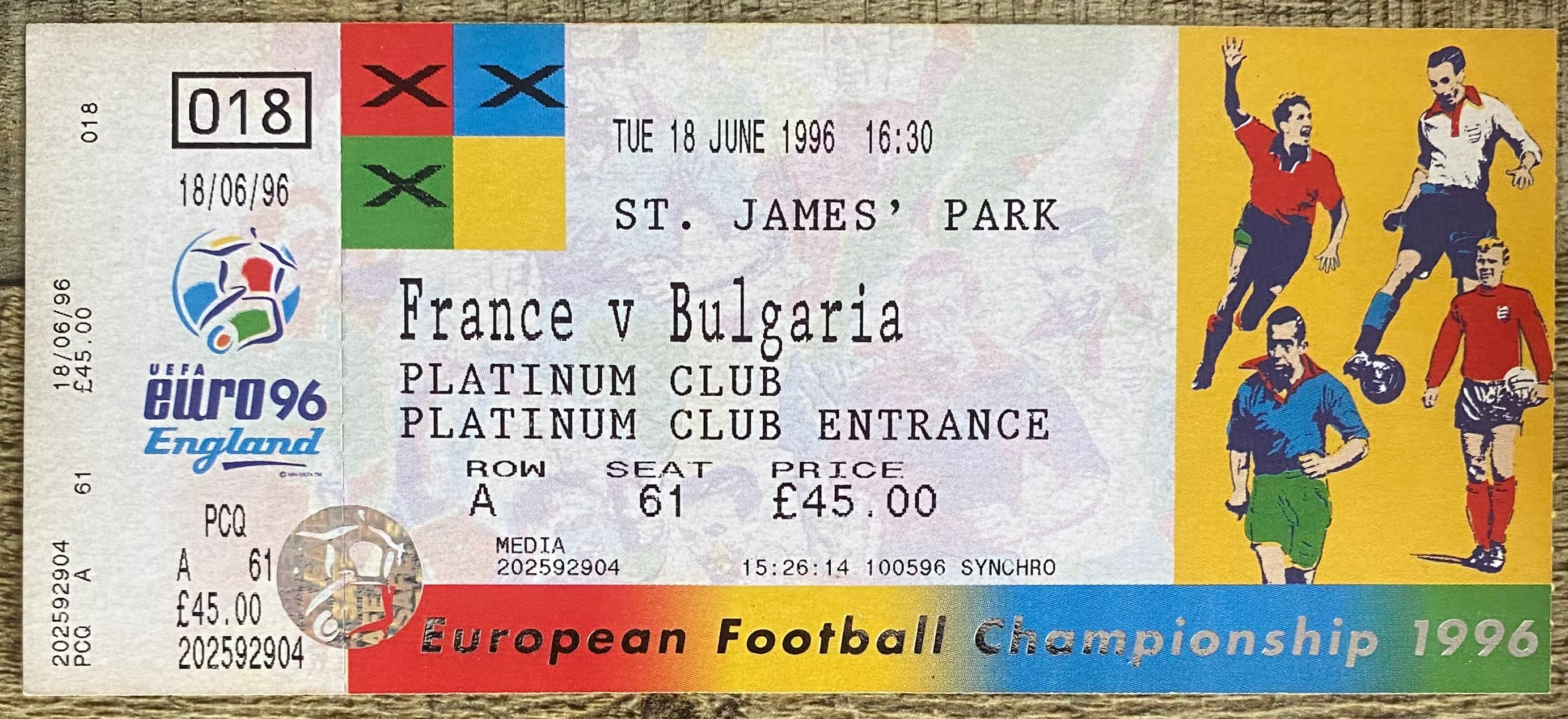 1996 ORIGINAL EUROPEAN CHAMPIONSHIPS EURO 96 UNUSED TICKET FRANCE V BULGARIA @ ST JAMES' PARK