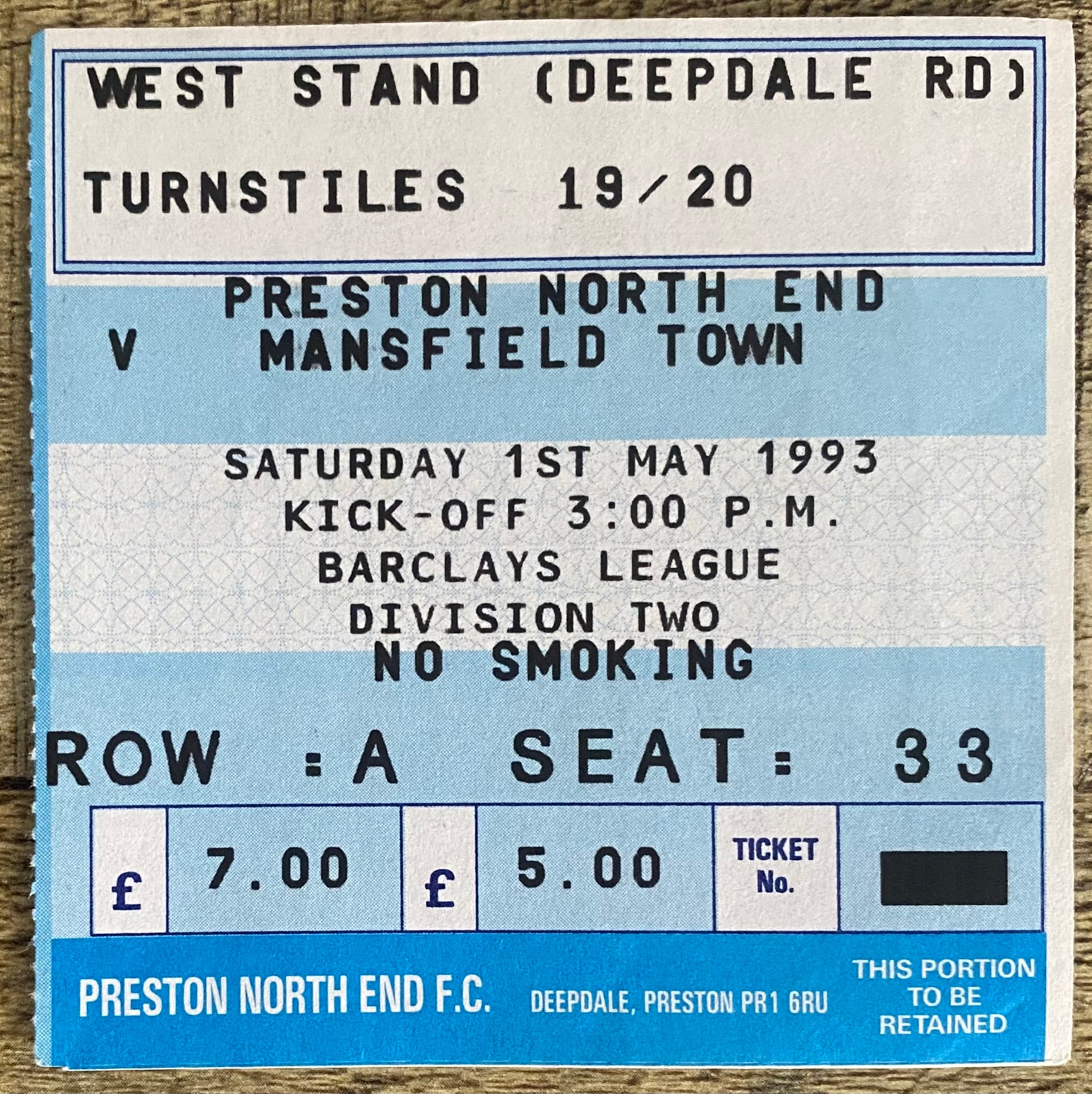 1992/93 ORIGINAL DIVISION 2 TICKET PRESTON NORTH END V MANSFIELD TOWN