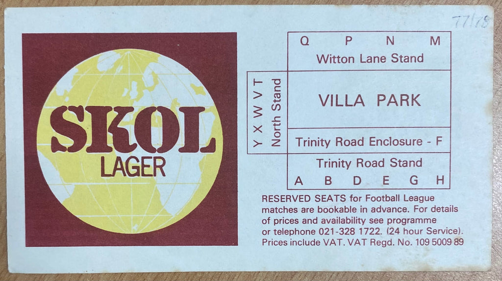 1977/78 ORIGINAL DIVISION 1 TICKET ASTON VILLA V NOTTINGHAM FOREST