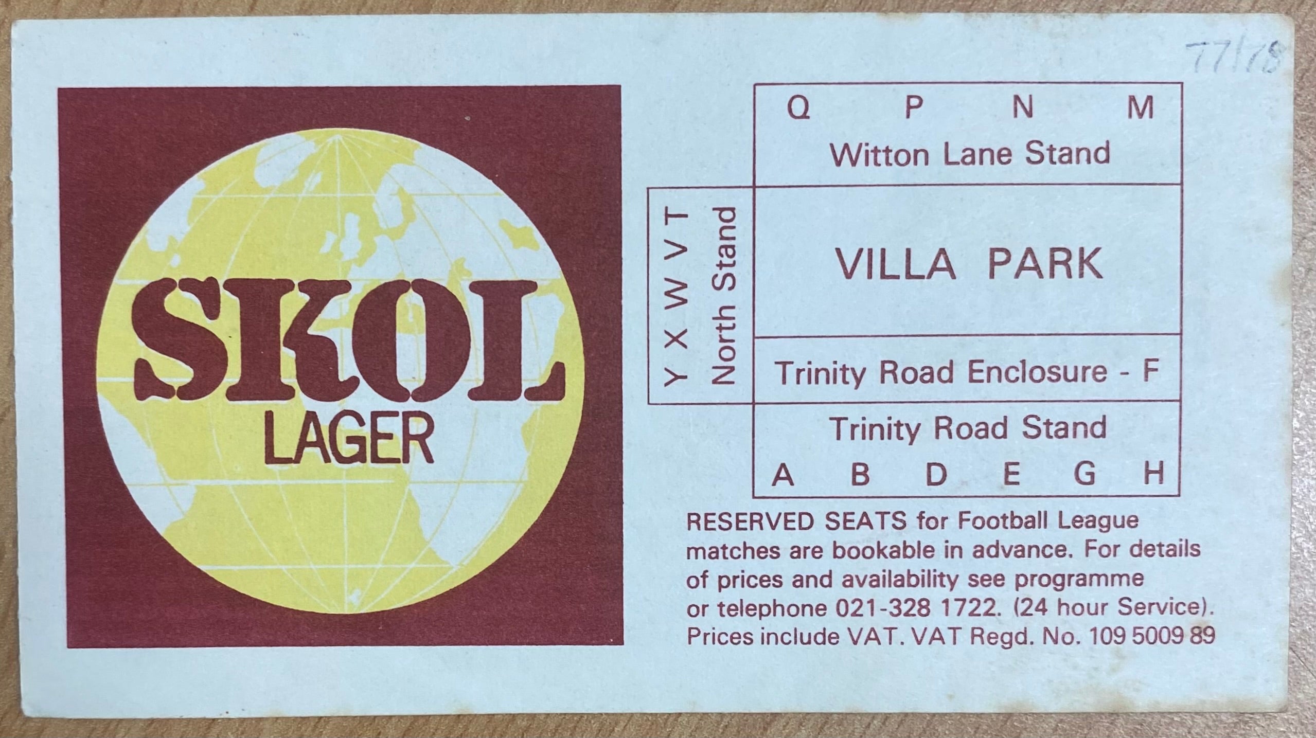1977/78 ORIGINAL DIVISION 1 TICKET ASTON VILLA V NOTTINGHAM FOREST