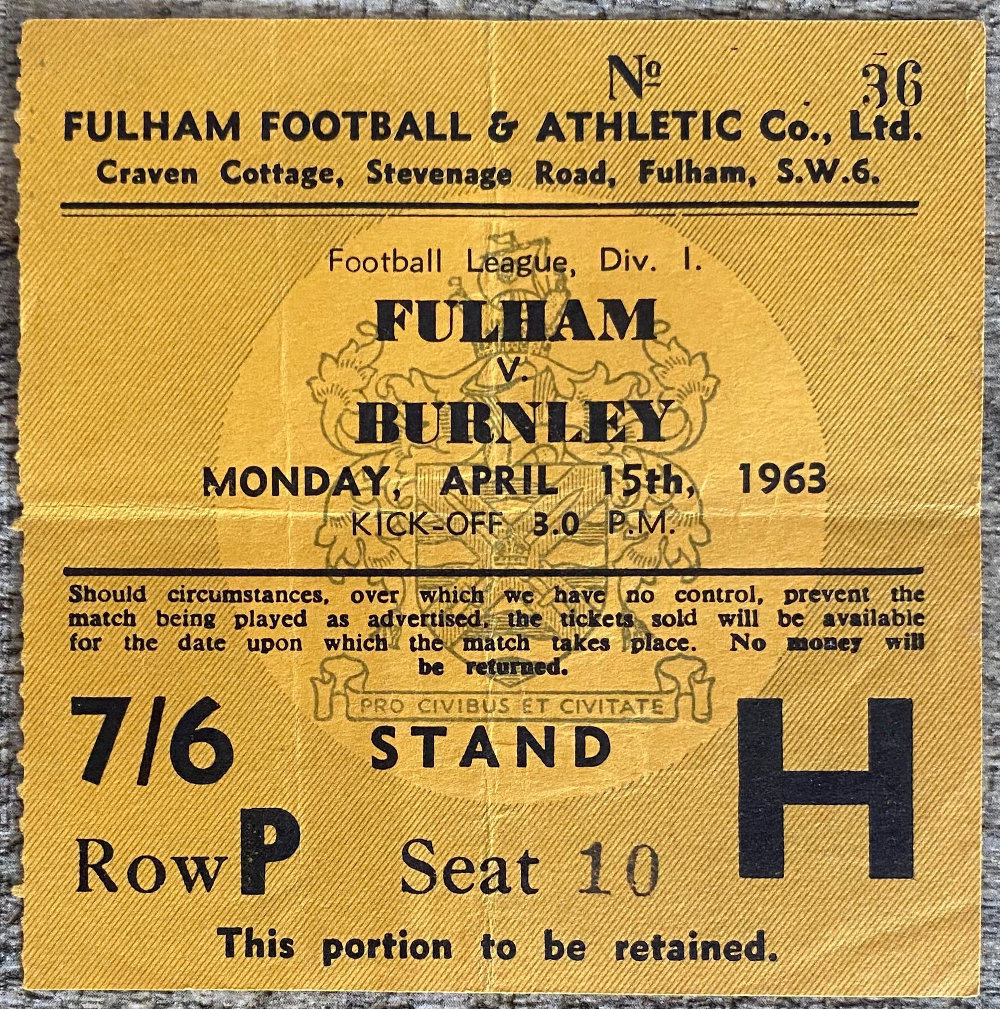 1962/63 ORIGINAL DIVISION 1 TICKET FULHAM V BURNLEY