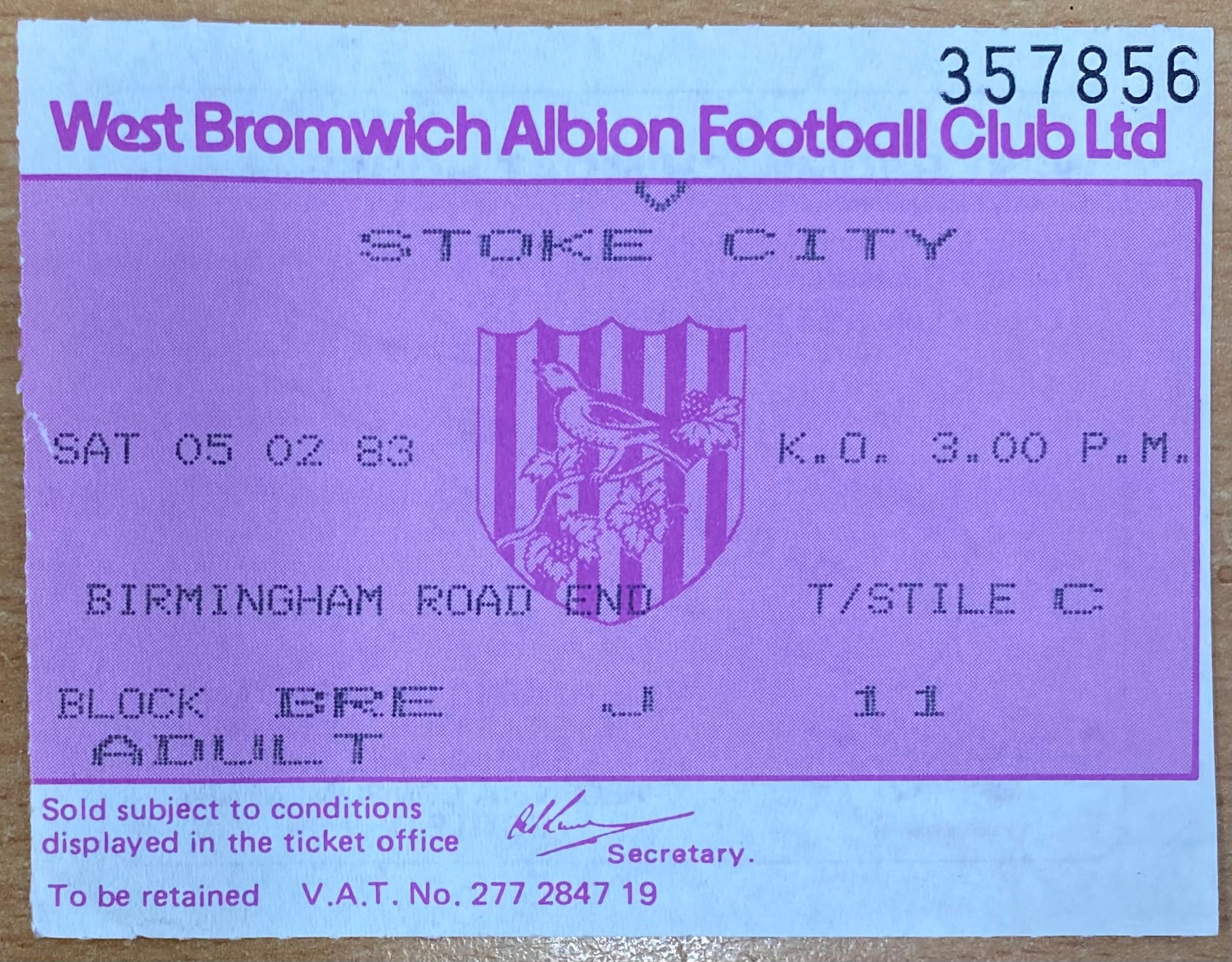 1982/83 ORIGINAL DIVISION 1 TICKET WEST BROMWICH ALBION V STOKE CITY