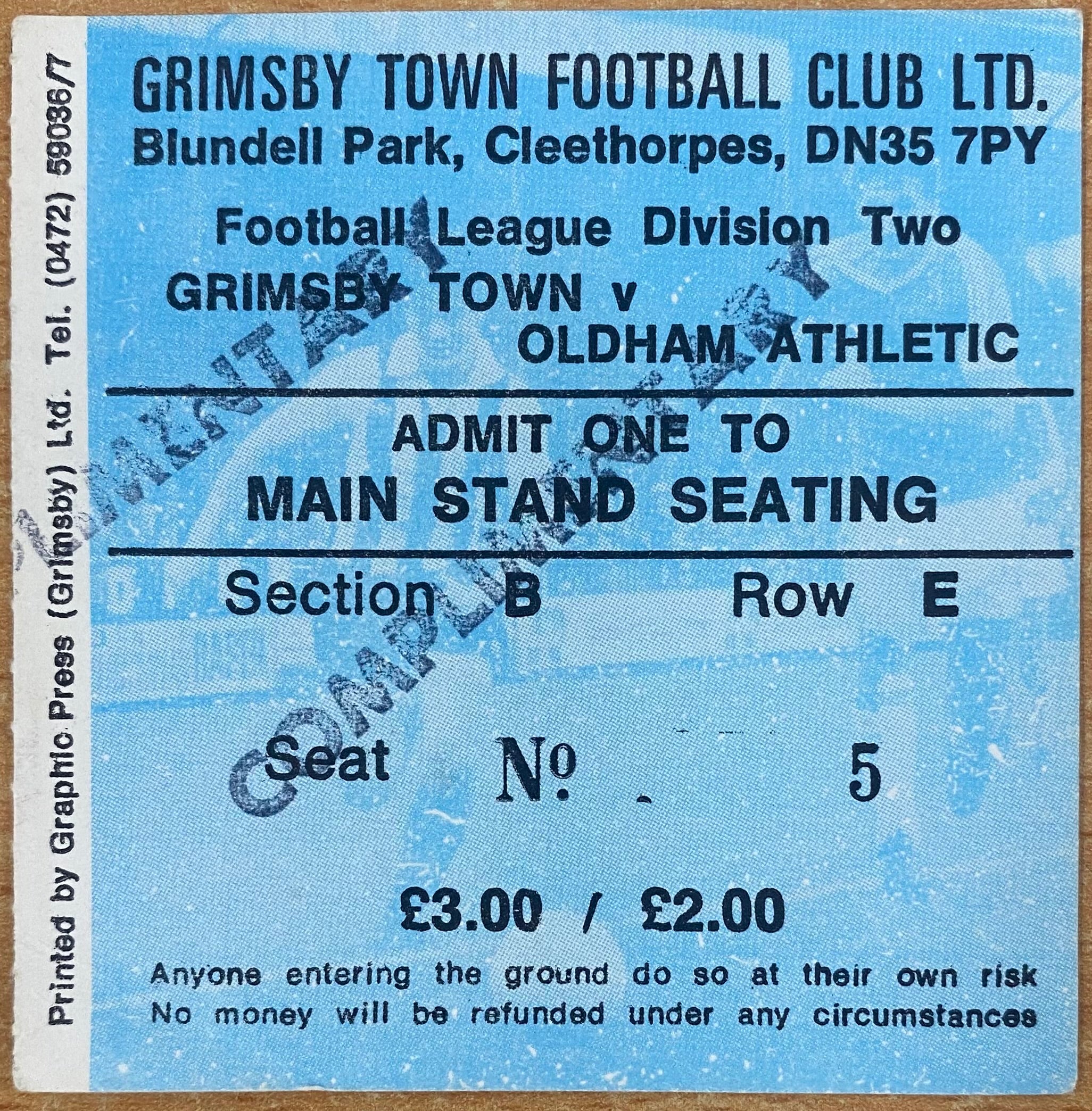 1980/81 ORIGINAL DIVISION TWO TICKET GRIMSBY TOWN V OLDHAM ATHLETIC