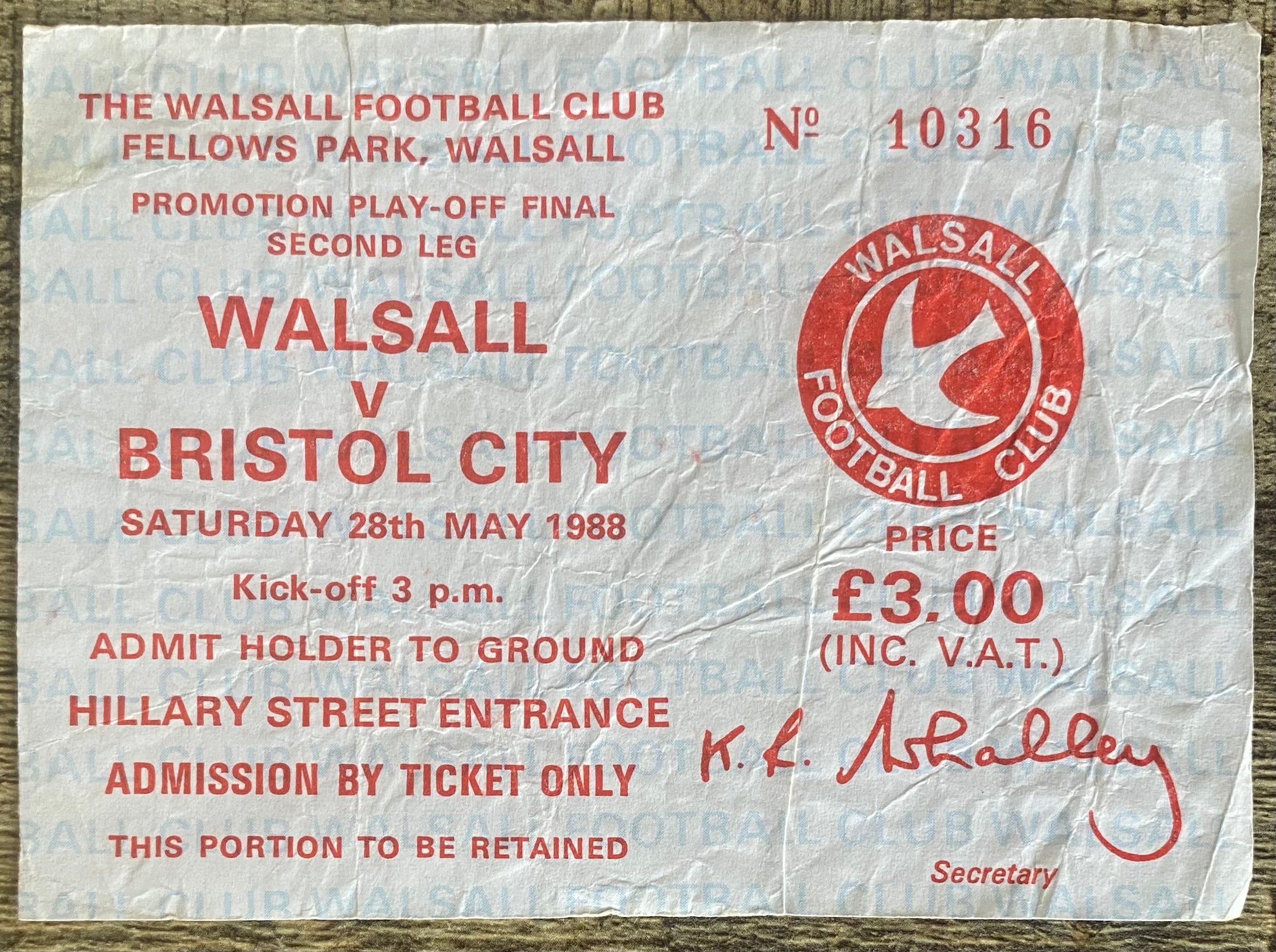 1987/88 ORIGINAL PROMOTION PLAY OFF FINAL 2ND LEG TICKET WALSALL V BRISTOL CITY