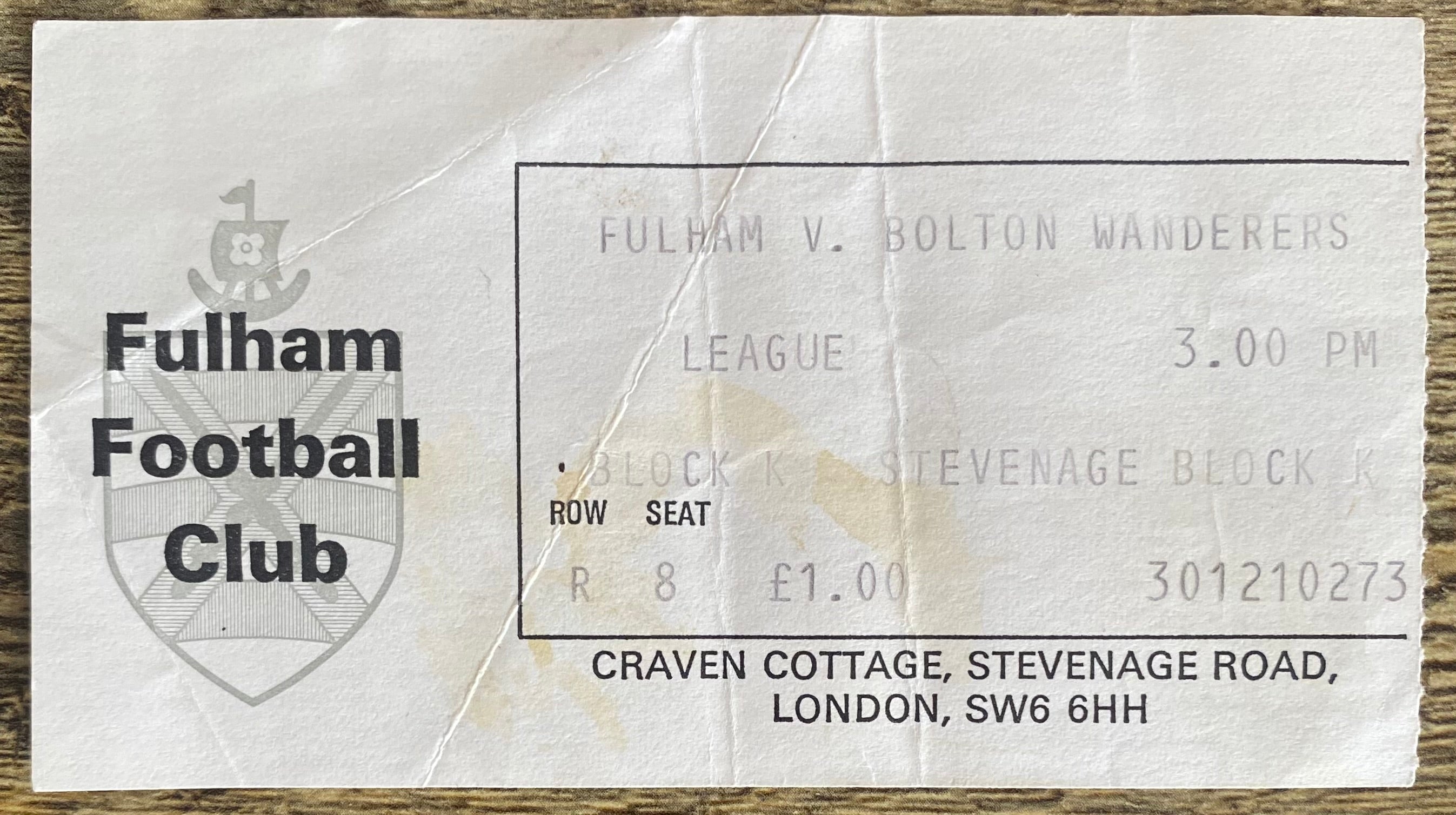 1976/77 ORIGINAL DIVISION 2 TICKET FULHAM V BOLTON WANDERERS