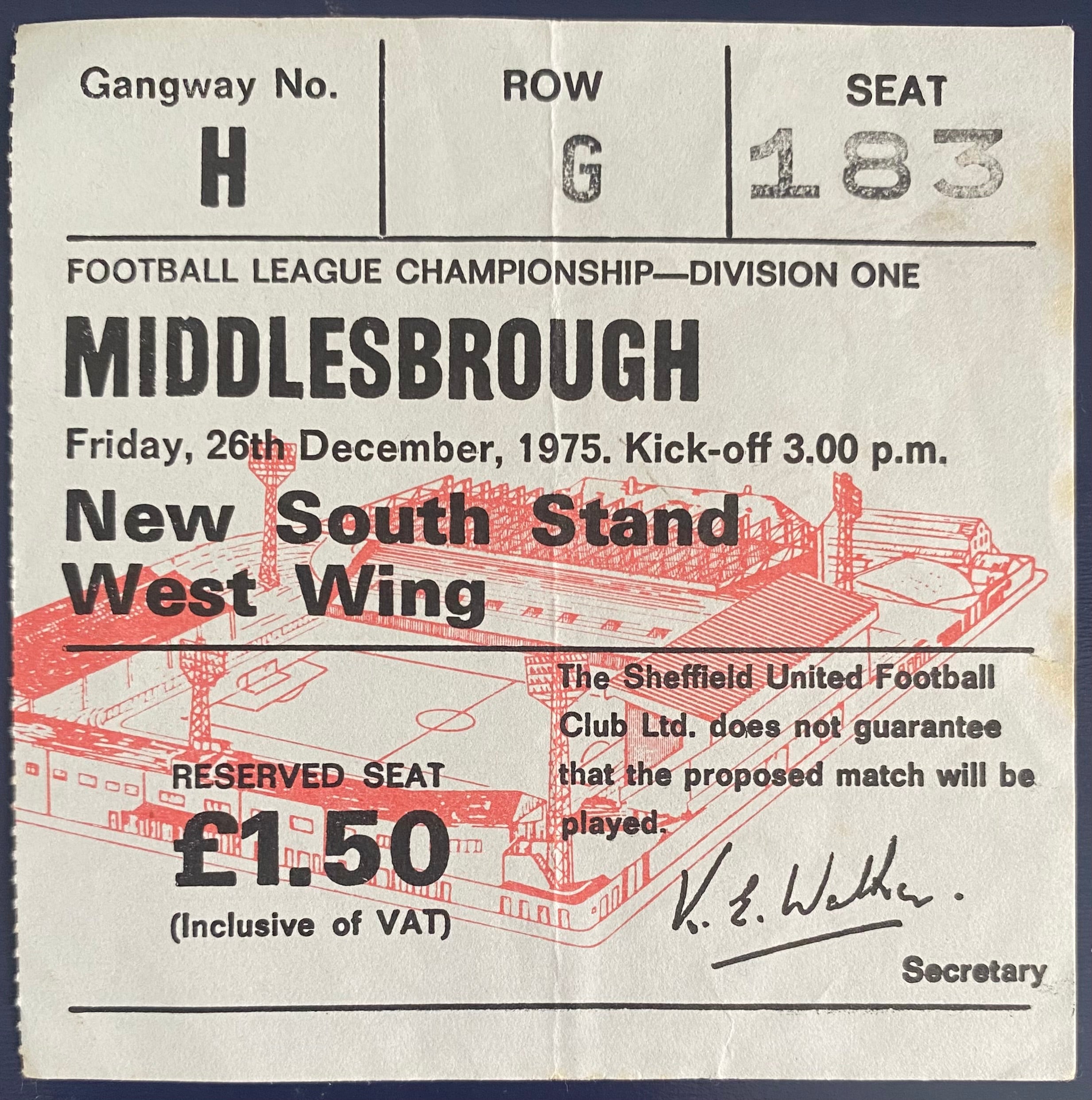 1975/76 ORIGINAL DIVISION 1 TICKET SHEFFIELD UNITED V MIDDLESBROUGH