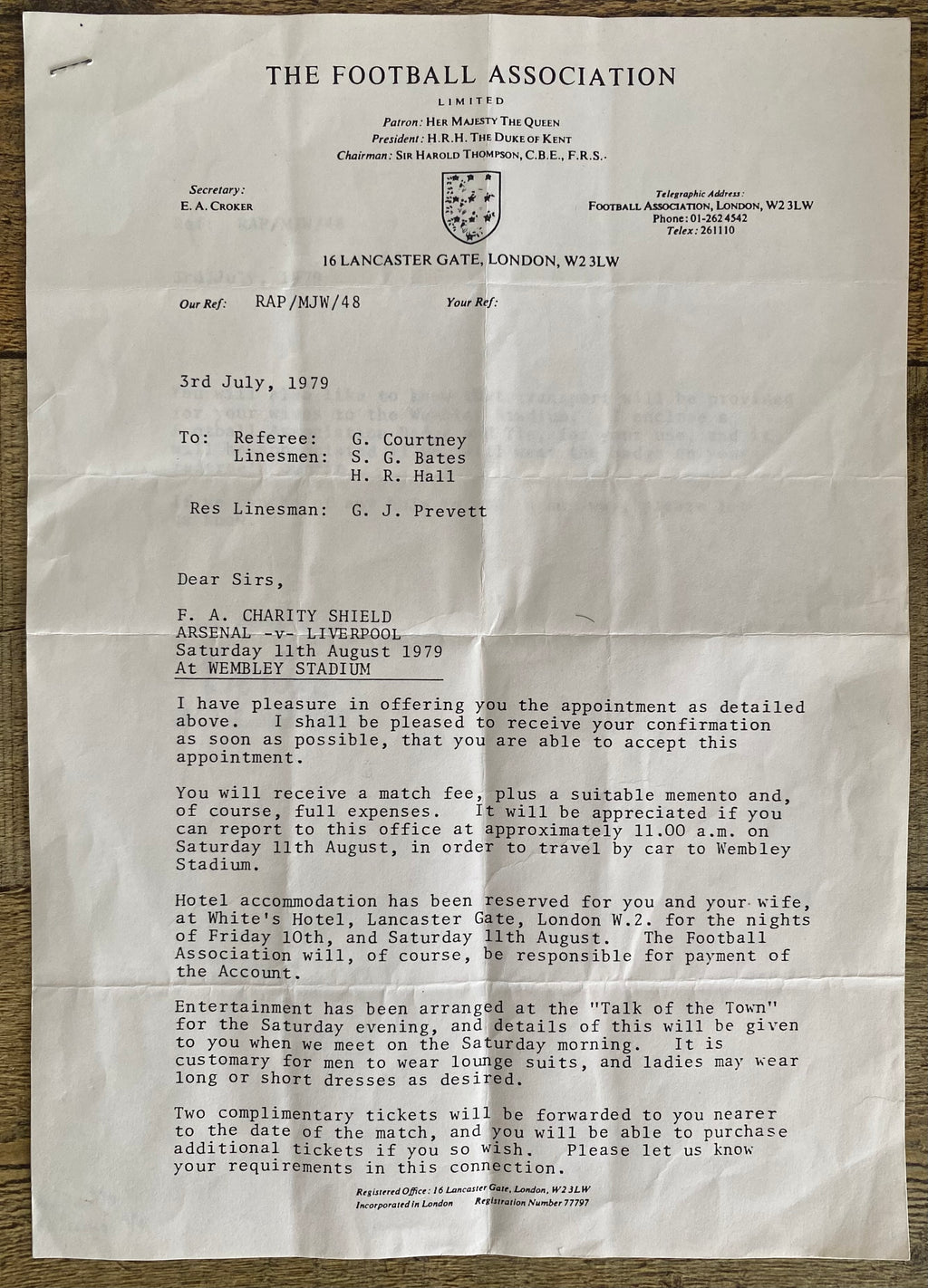 1979 ORIGINAL OFFICIAL FOOTBALL ASSOCIATION LETTER TO MATCH OFFICIALS FOR CHARITY SHIELD