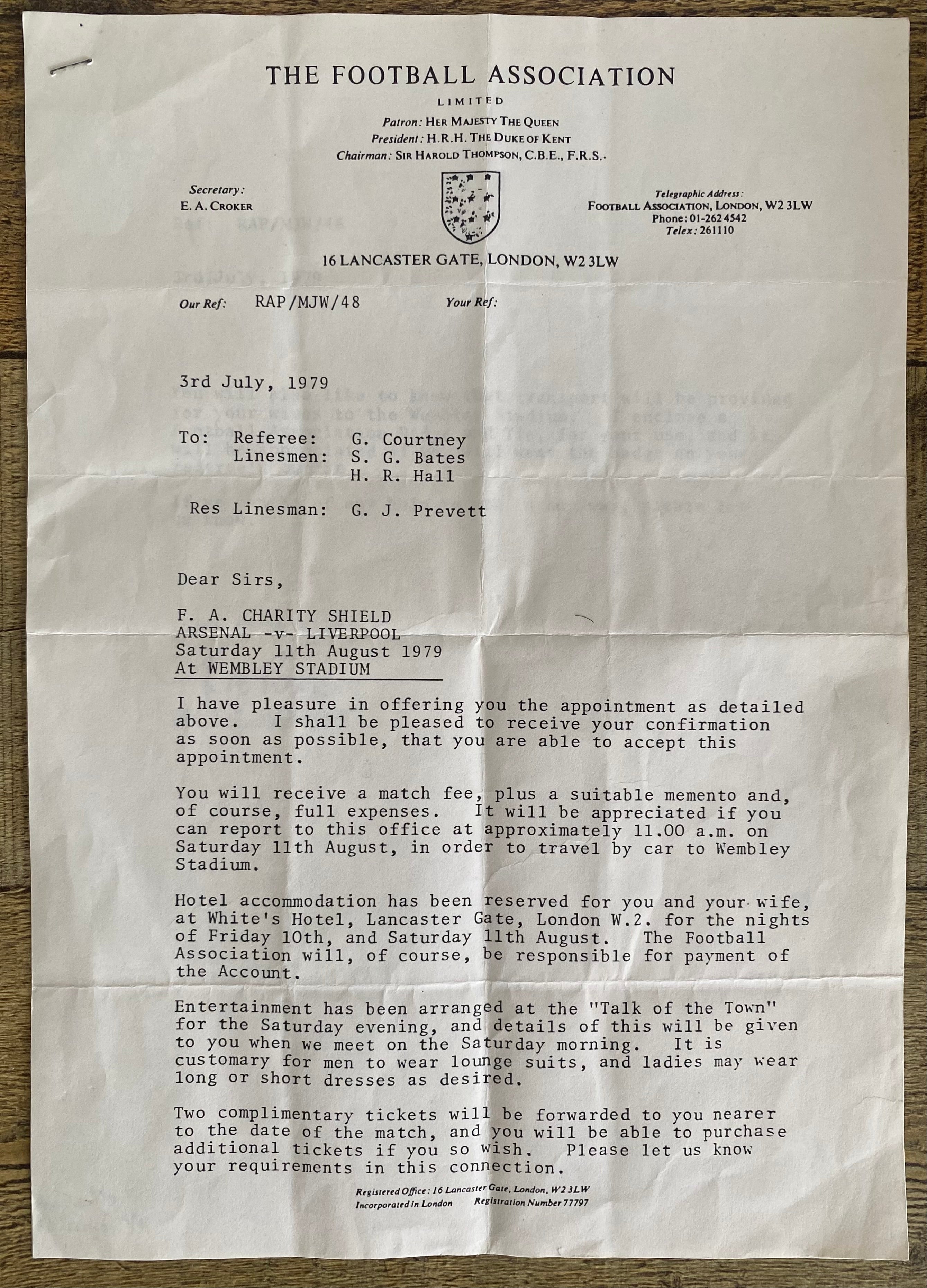 1979 ORIGINAL OFFICIAL FOOTBALL ASSOCIATION LETTER TO MATCH OFFICIALS FOR CHARITY SHIELD
