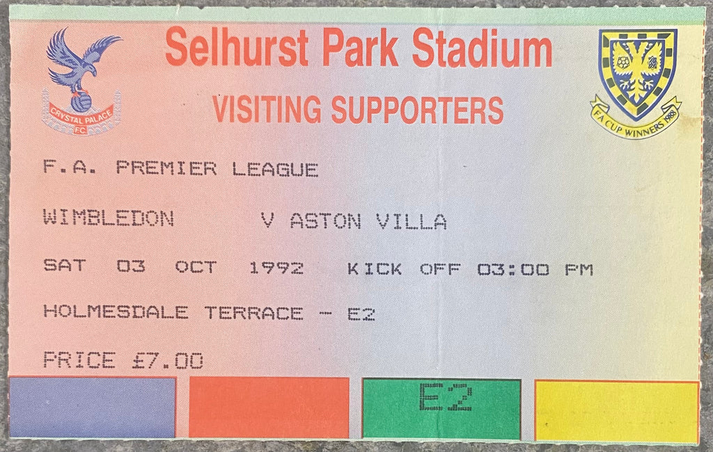 1992/93 ORIGINAL PREMIER LEAGUE TICKET WIMBLEDON V ASTON VILLA