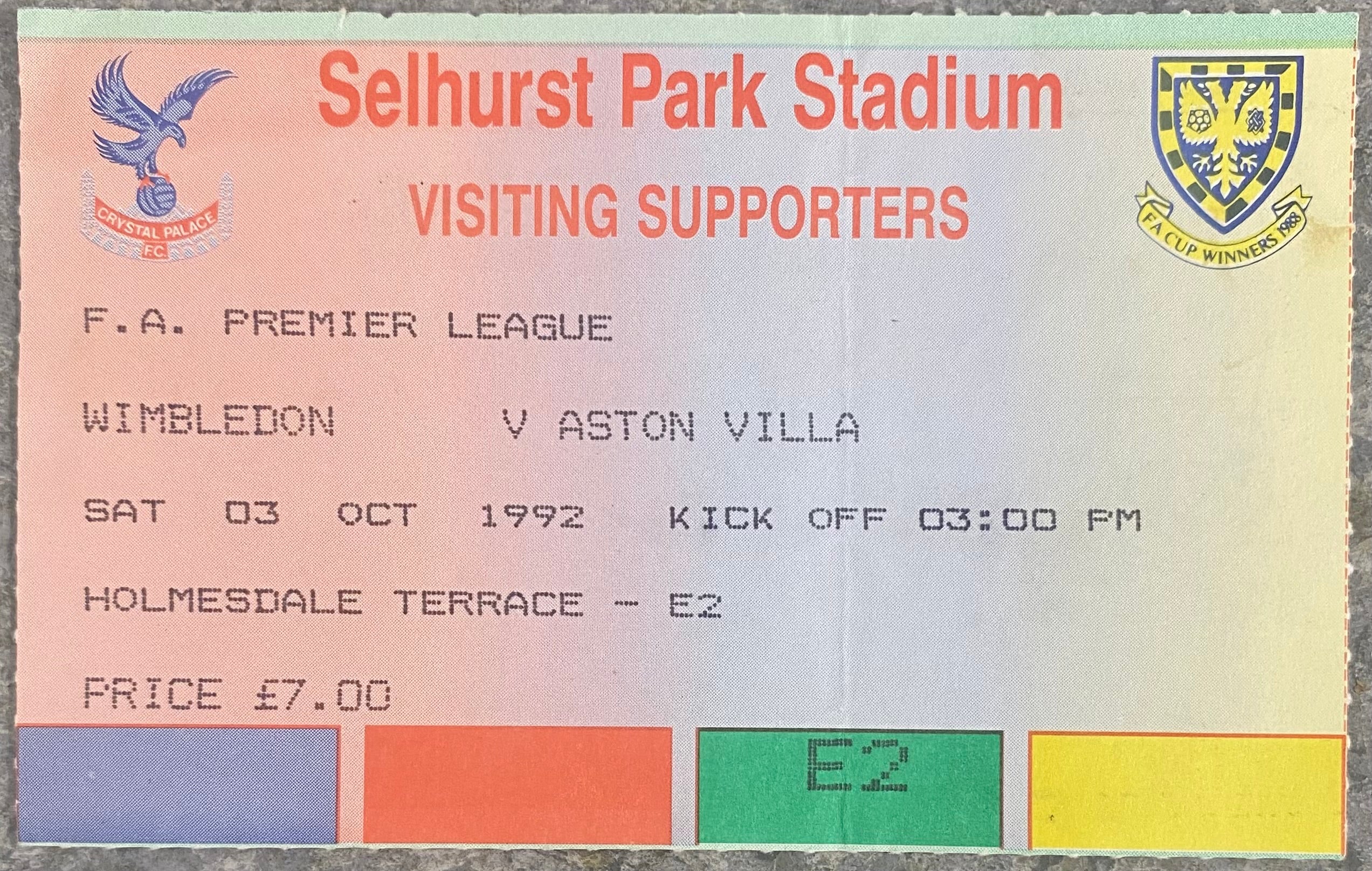 1992/93 ORIGINAL PREMIER LEAGUE TICKET WIMBLEDON V ASTON VILLA
