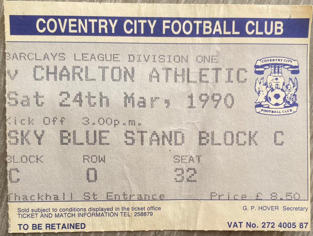 1989/90 ORIGINAL DIVISION ONE TICKET COVENTRY CITY V CHARLTON ATHLETIC