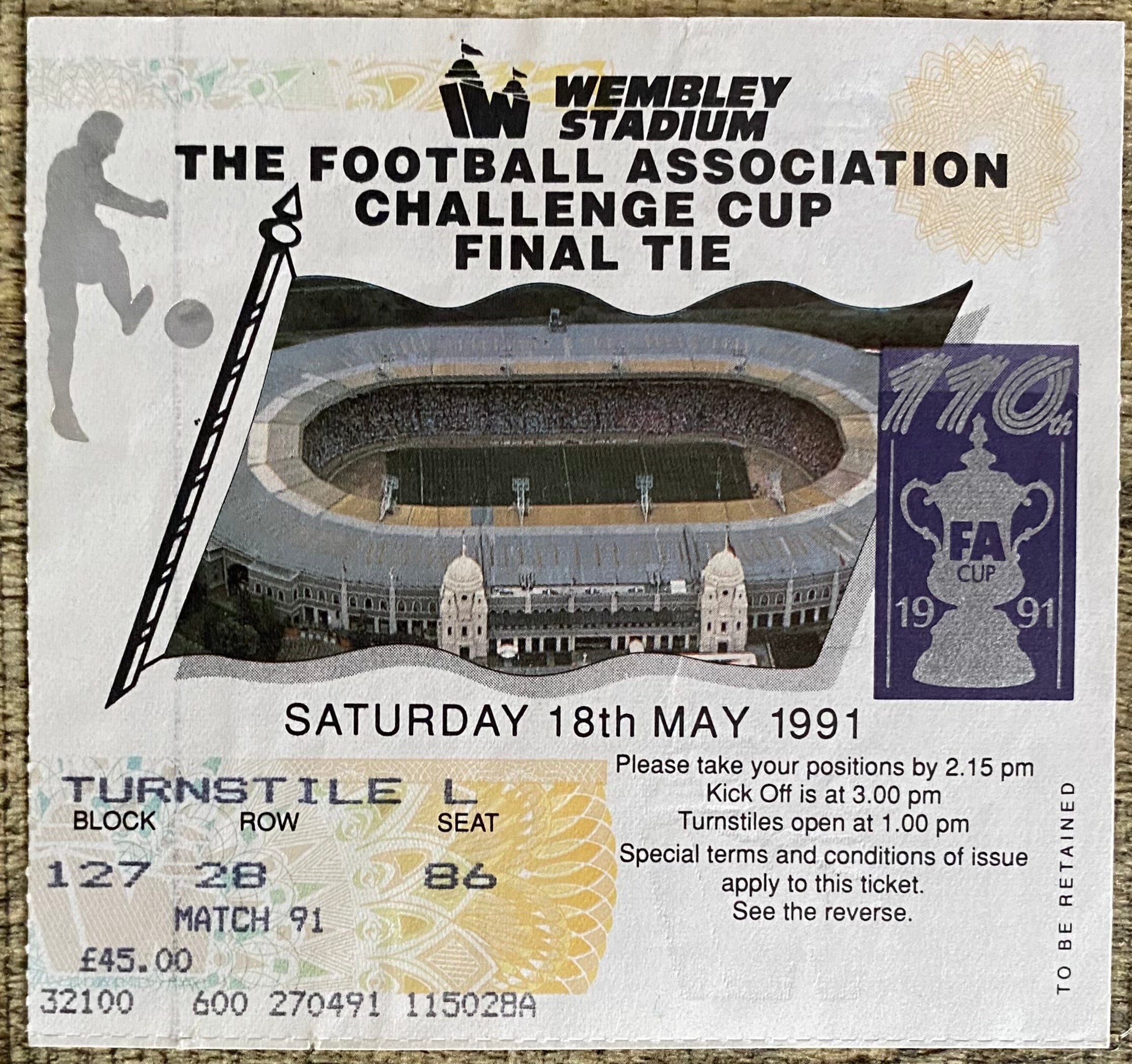 1991 ORIGINAL FA CUP FINAL TICKET TOTTENHAM HOTSPUR V NOTTINGHAM FOREST