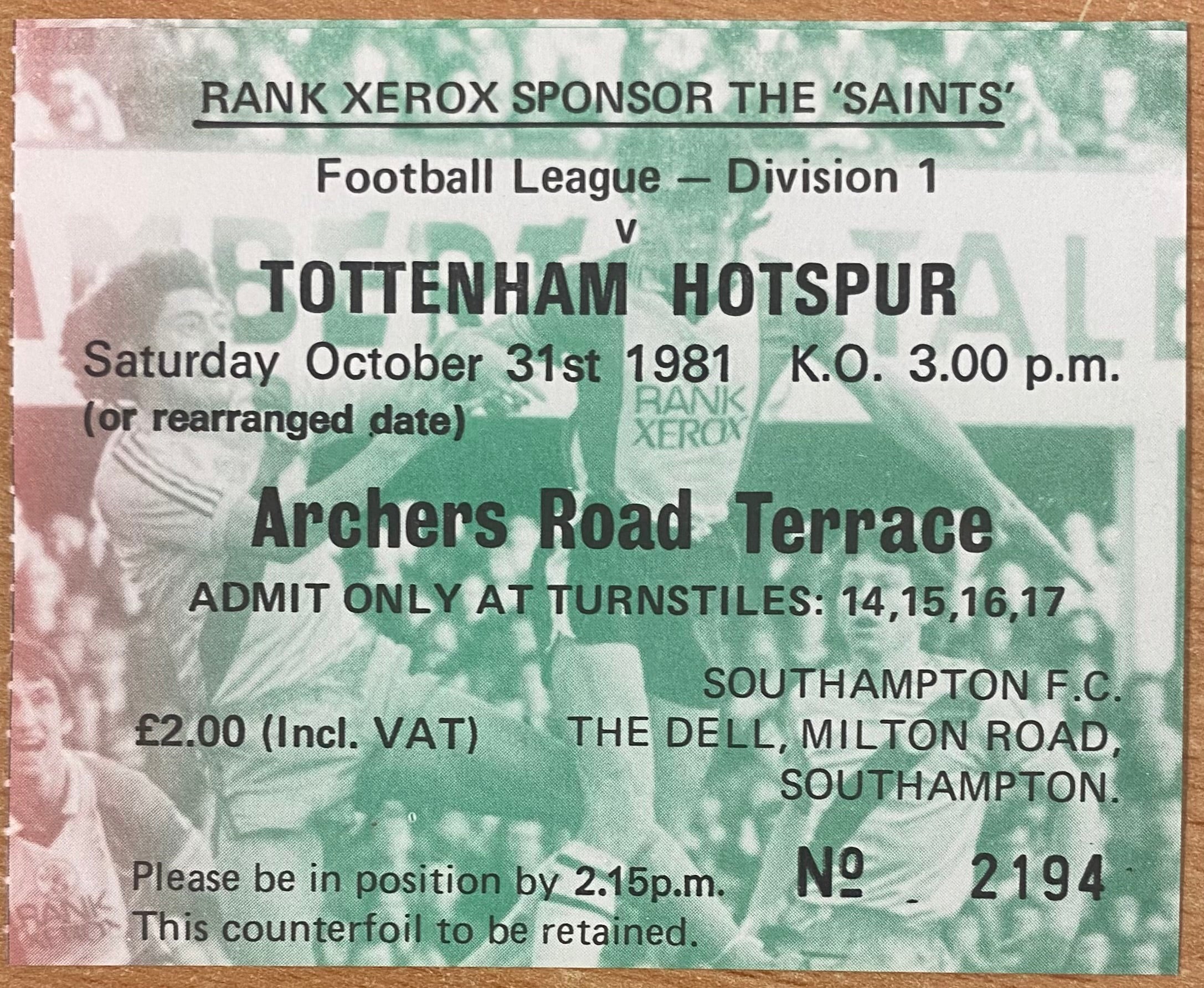 1981/82 ORIGINAL DIVISION ONE TICKET SOUTHAMPTON V TOTTENHAM HOTSPUR