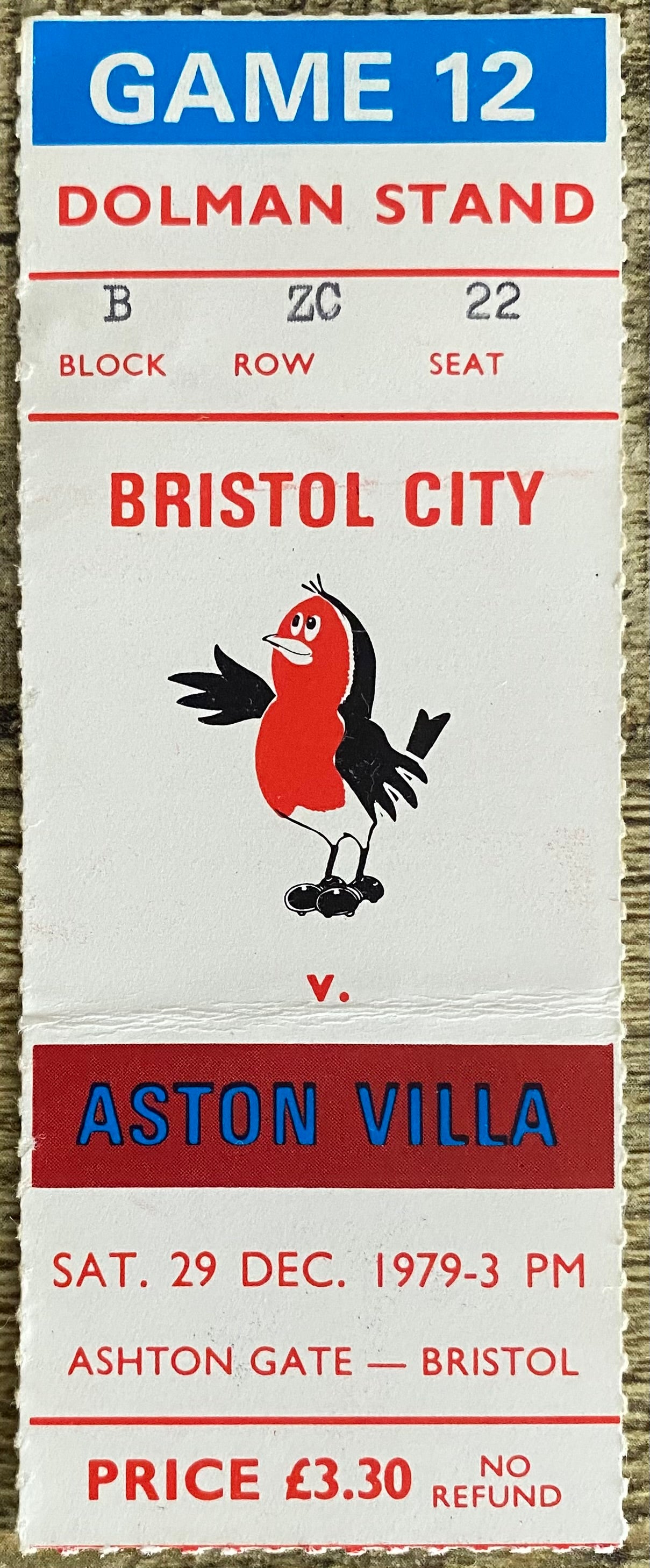 1979/80 ORIGINAL DIVISION 1 TICKET BRISTOL CITY V ASTON VILLA