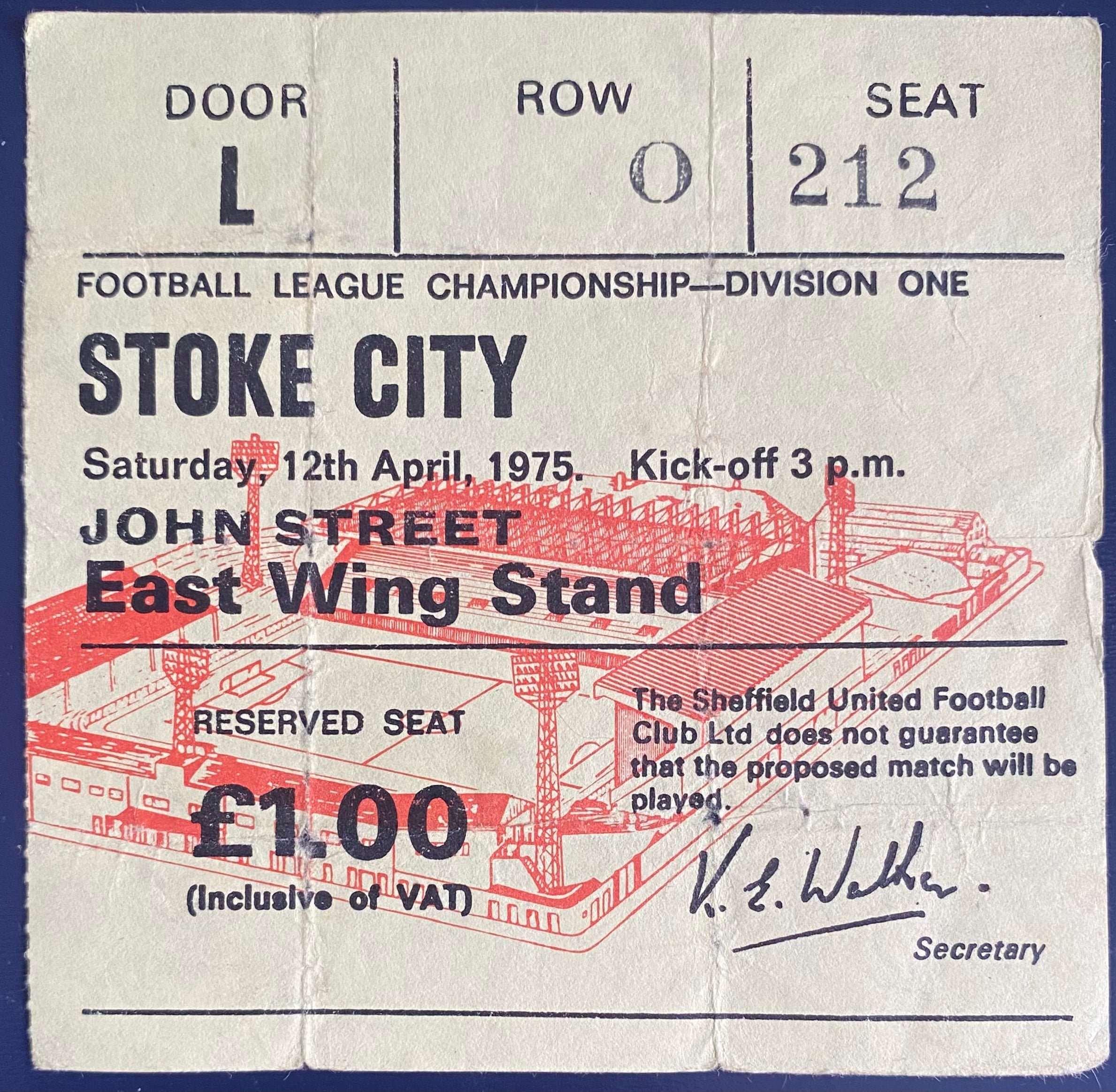 1974/75 ORIGINAL DIVISION 1 TICKET SHEFFIELD UNITED V STOKE CITY