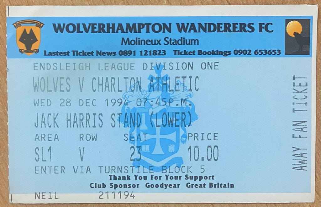 1994/95 ORIGINAL DIVISION 1 TICKET WOLVERHAMPTON WANDERERS V CHARLTON ATHLETIC