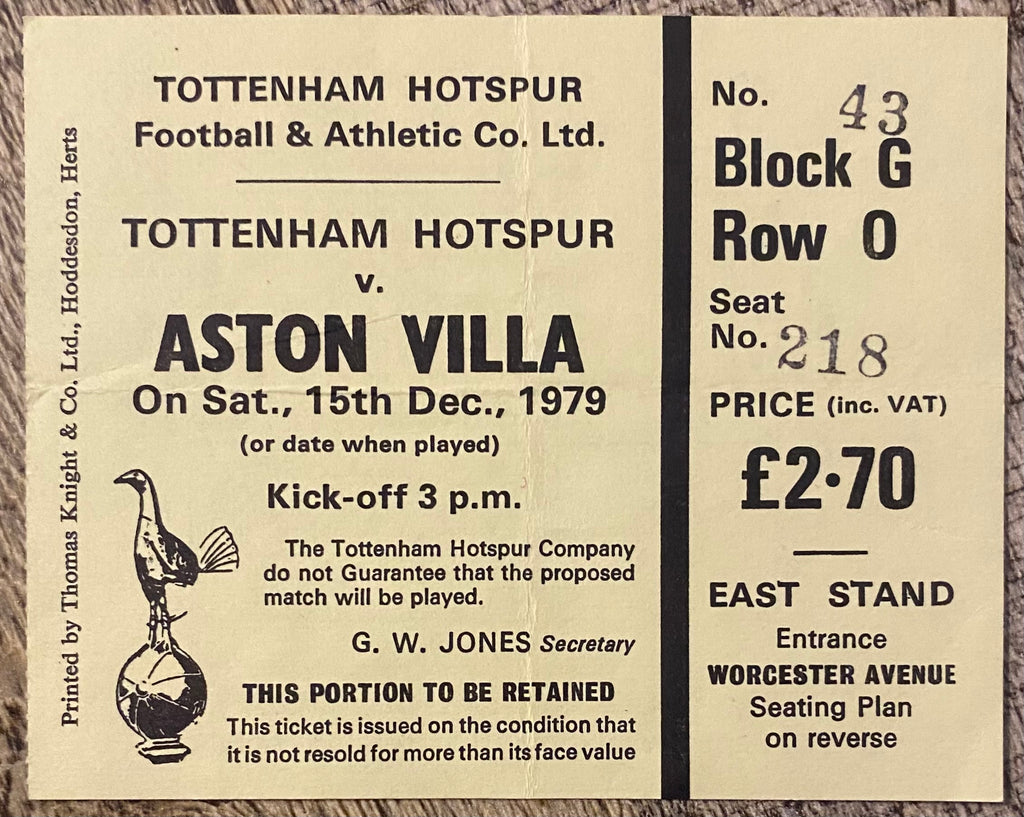 1979/80 ORIGINAL DIVISION ONE TICKET TOTTENHAM HOTSPUR V ASTON VILLA