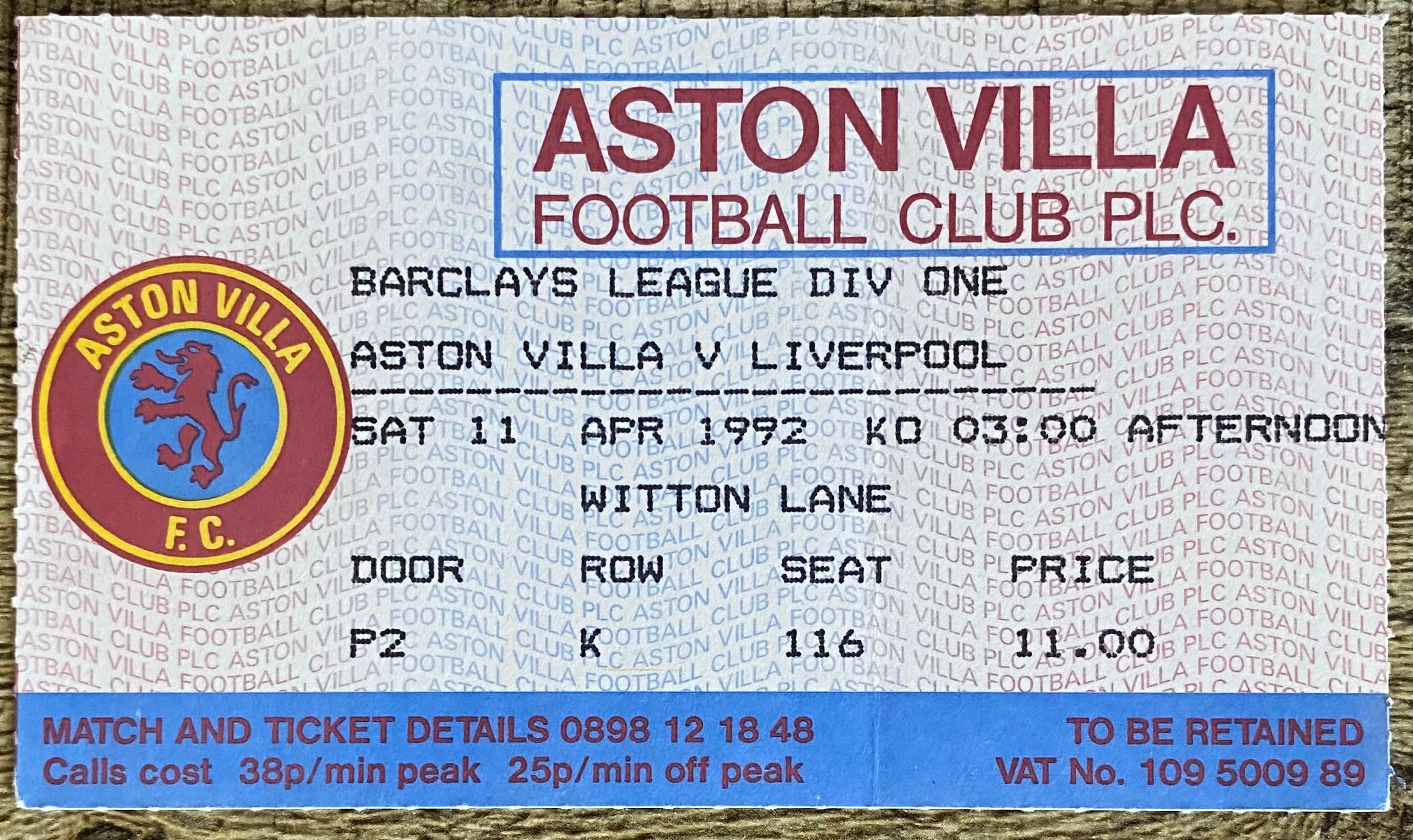 1991/92 ORIGINAL DIVISION 1 TICKET ASTON VILLA V LIVERPOOL