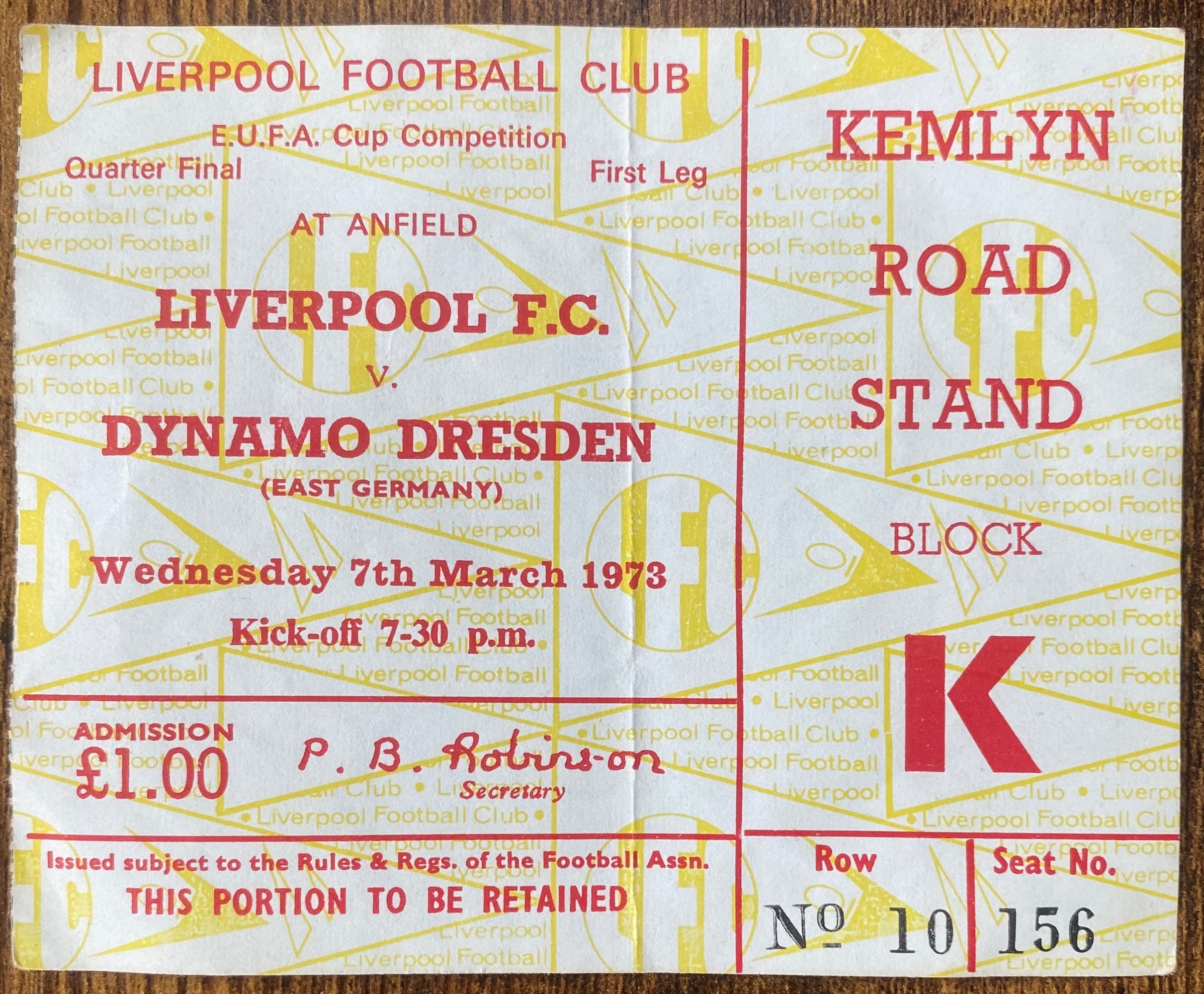 1972/73 ORIGINAL UEFA CUP QUARTER FINAL 1ST LEG TICKET LIVERPOOL V DYNAMO DRESDEN