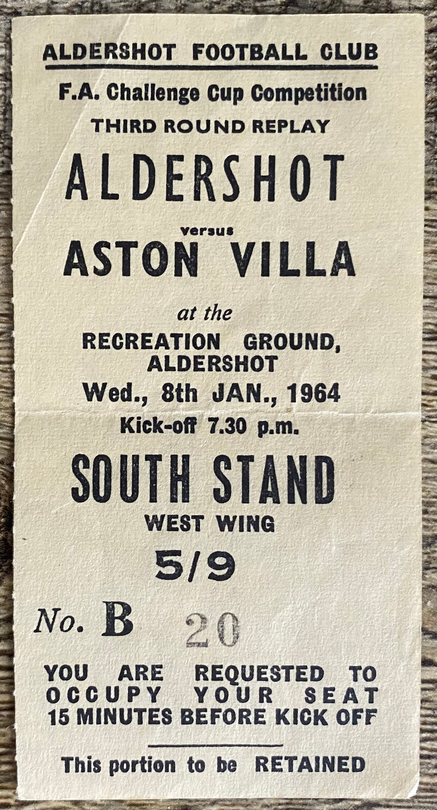 1963/64 ORIGINAL FA CUP 3RD ROUND REPLAY TICKET ALDERSHOT V ASTON VILLA