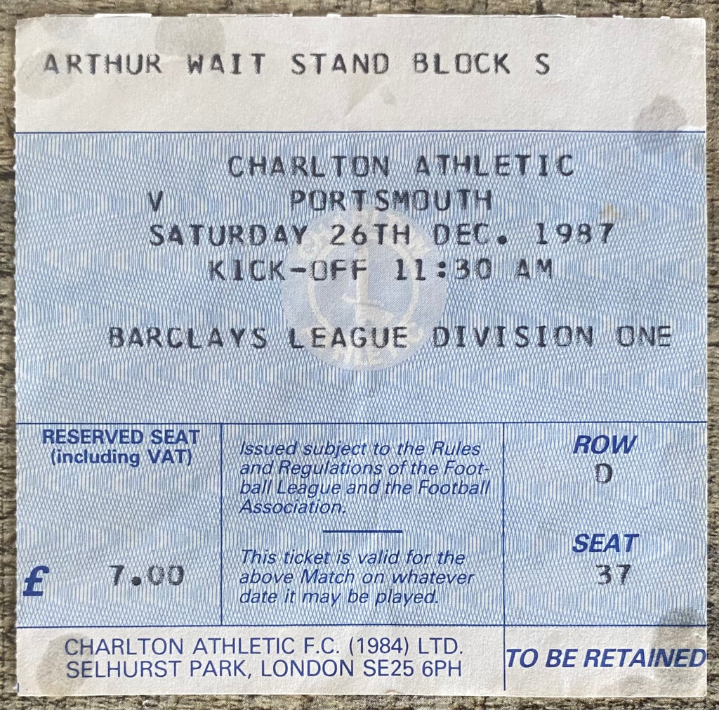 1987/88 ORIGINAL DIVISION 1 TICKET CHARLTON ATHLETIC V PORTSMOUTH