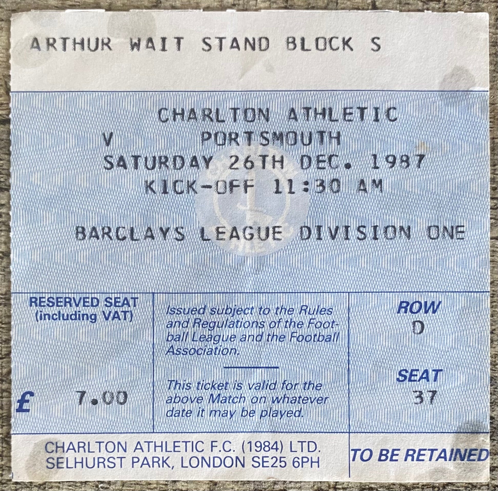 1987/88 ORIGINAL DIVISION 1 TICKET CHARLTON ATHLETIC V PORTSMOUTH