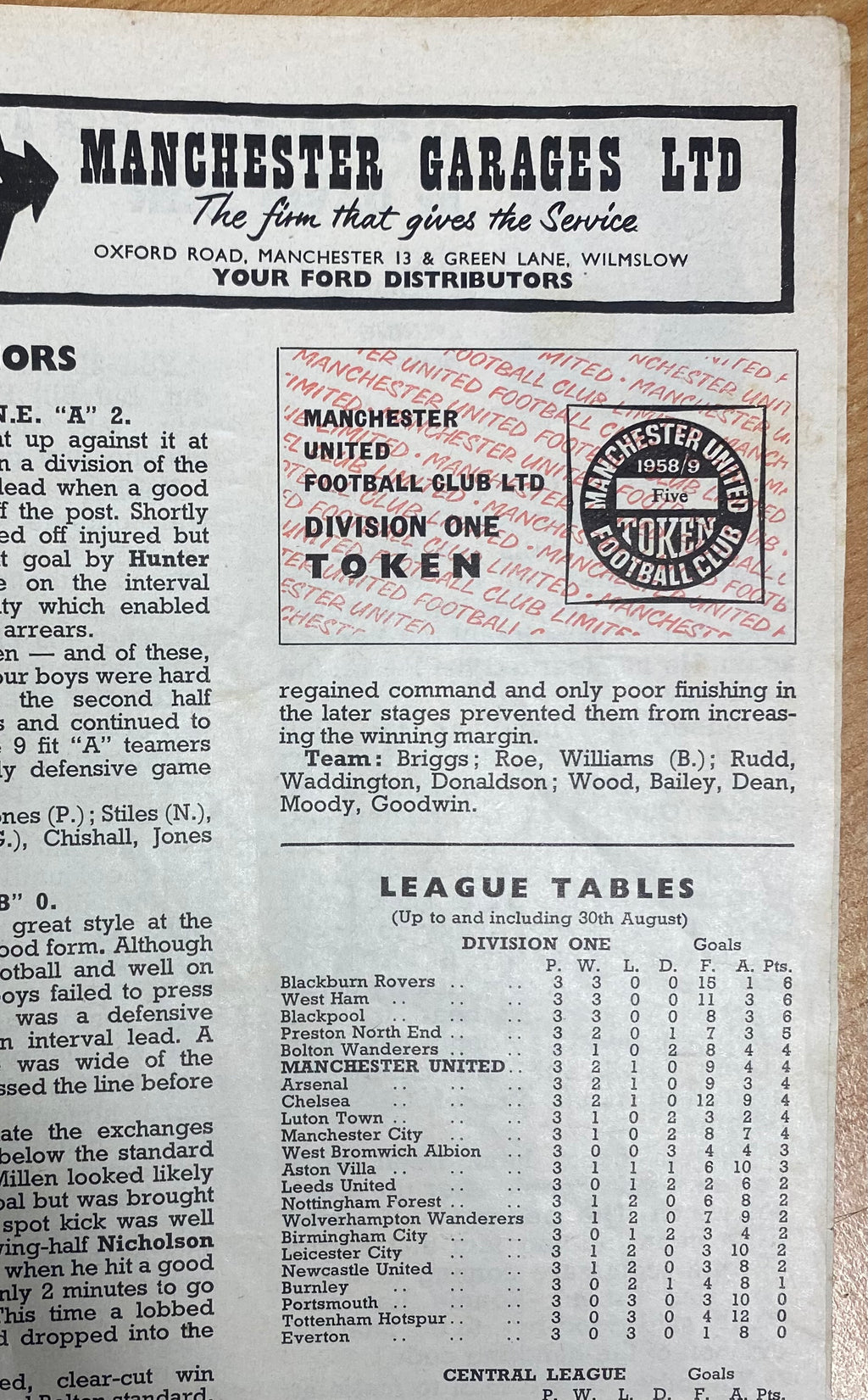 1958/59 ORIGINAL DIVISION ONE PROGRAMME MANCHESTER UNITED V BLACKBURN ROVERS