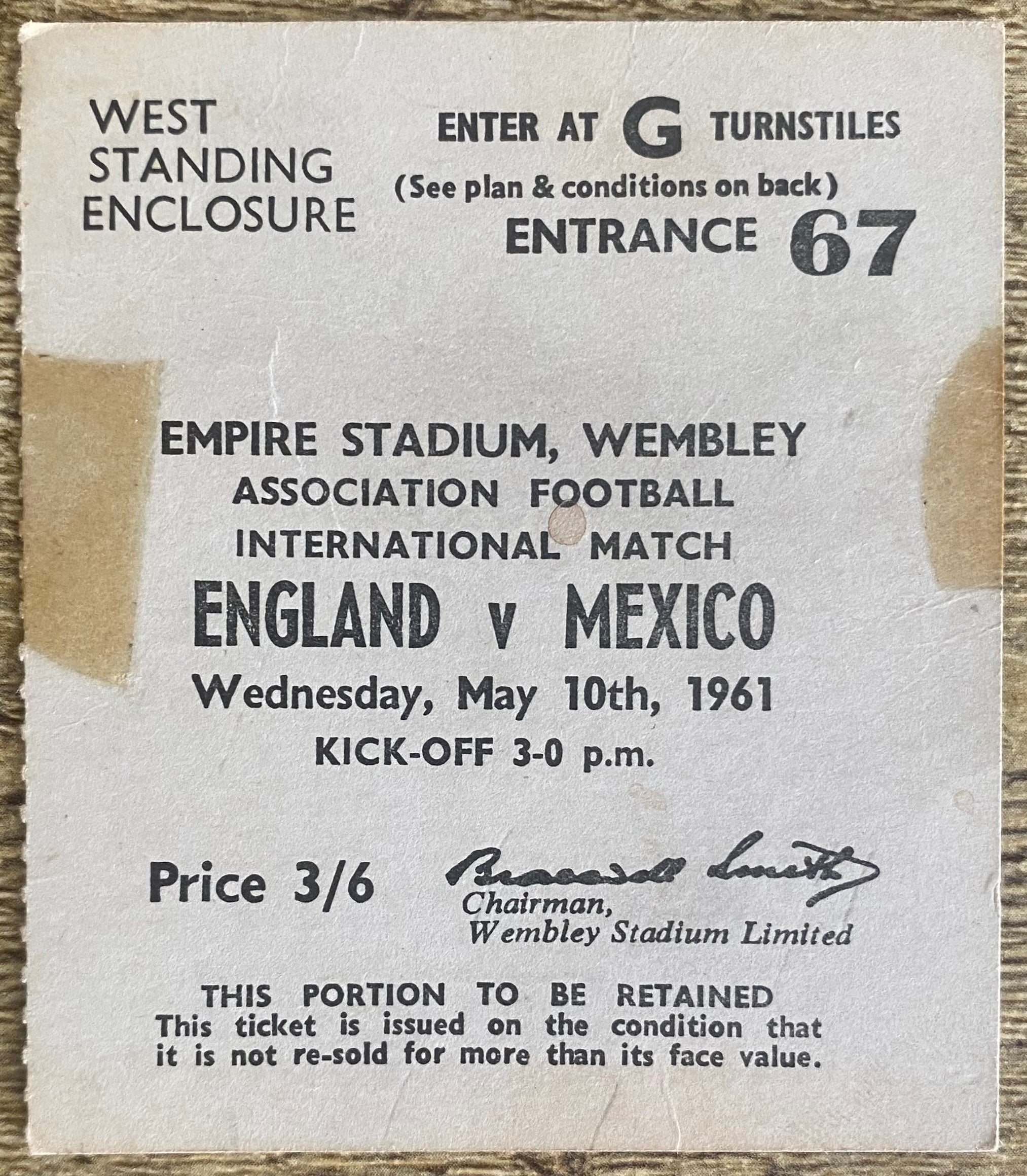 1961 ORIGINAL INTERNATIONAL TICKET ENGLAND V MEXICO