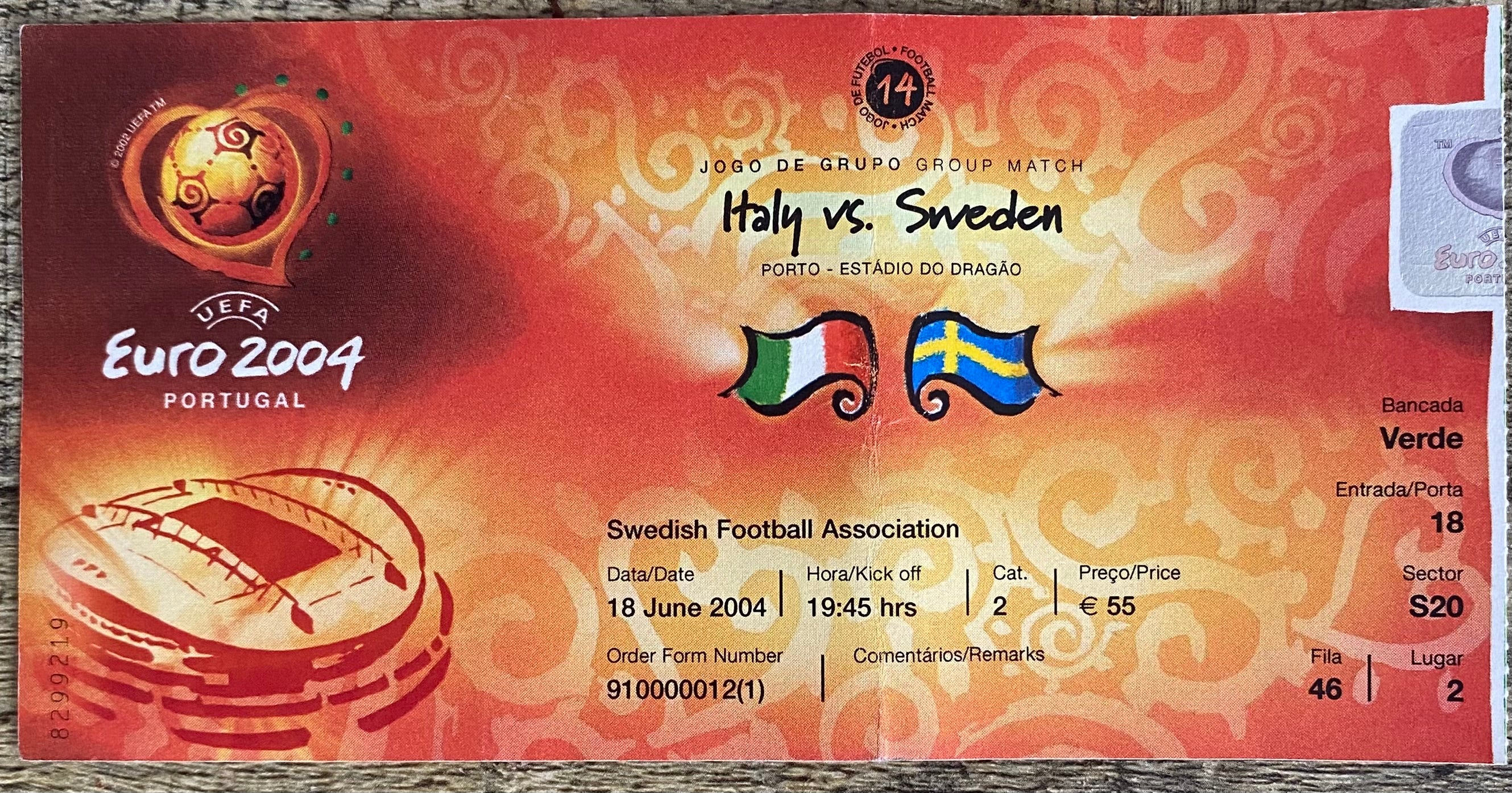 2004 ORIGINAL EUROPEAN CHAMPIONSHIPS TICKET ITALY V SWEDEN  @ PORTO