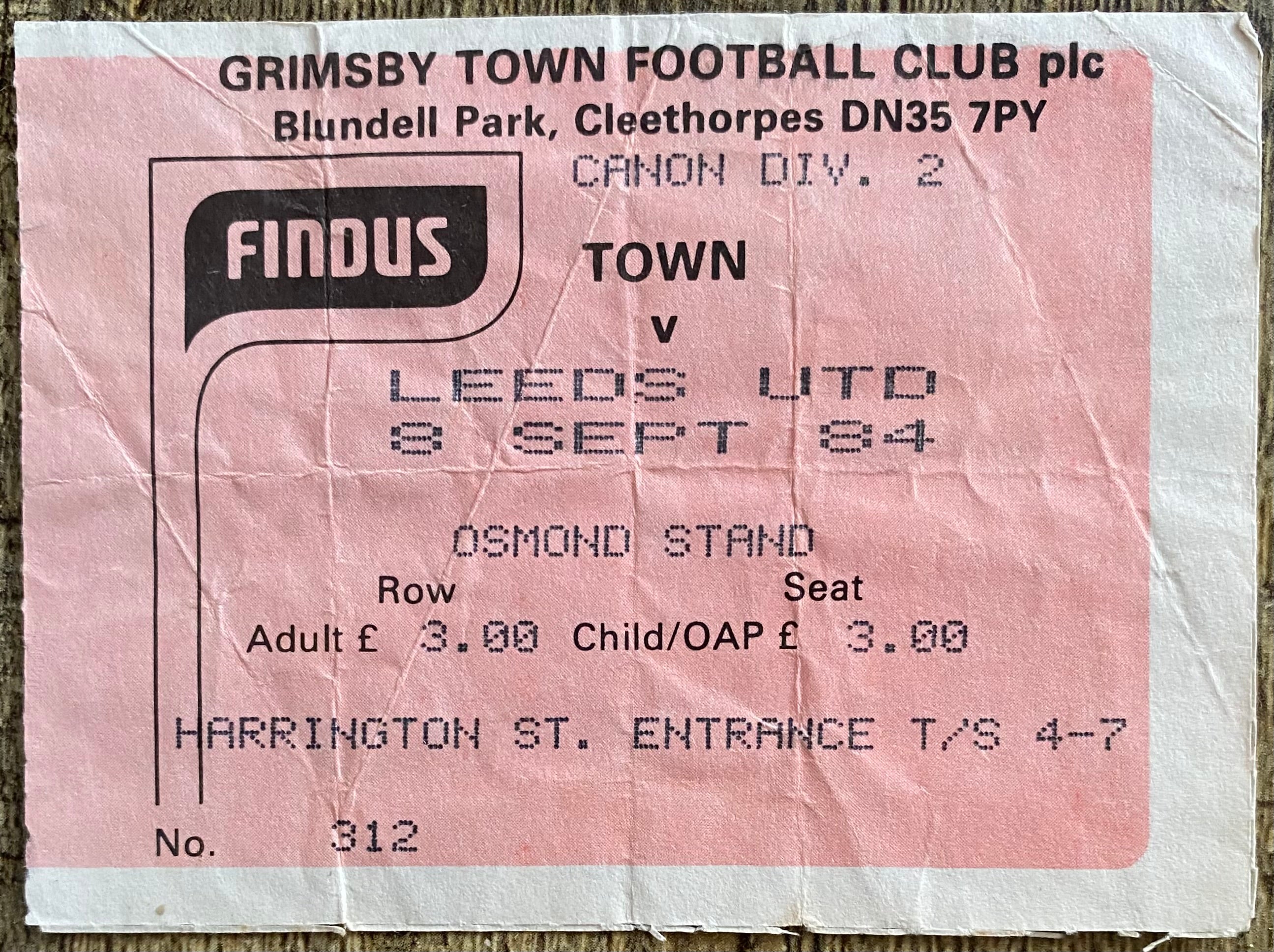 1984/85 ORIGINAL DIVISION TWO TICKET GRIMSBY TOWN V LEEDS UNITED